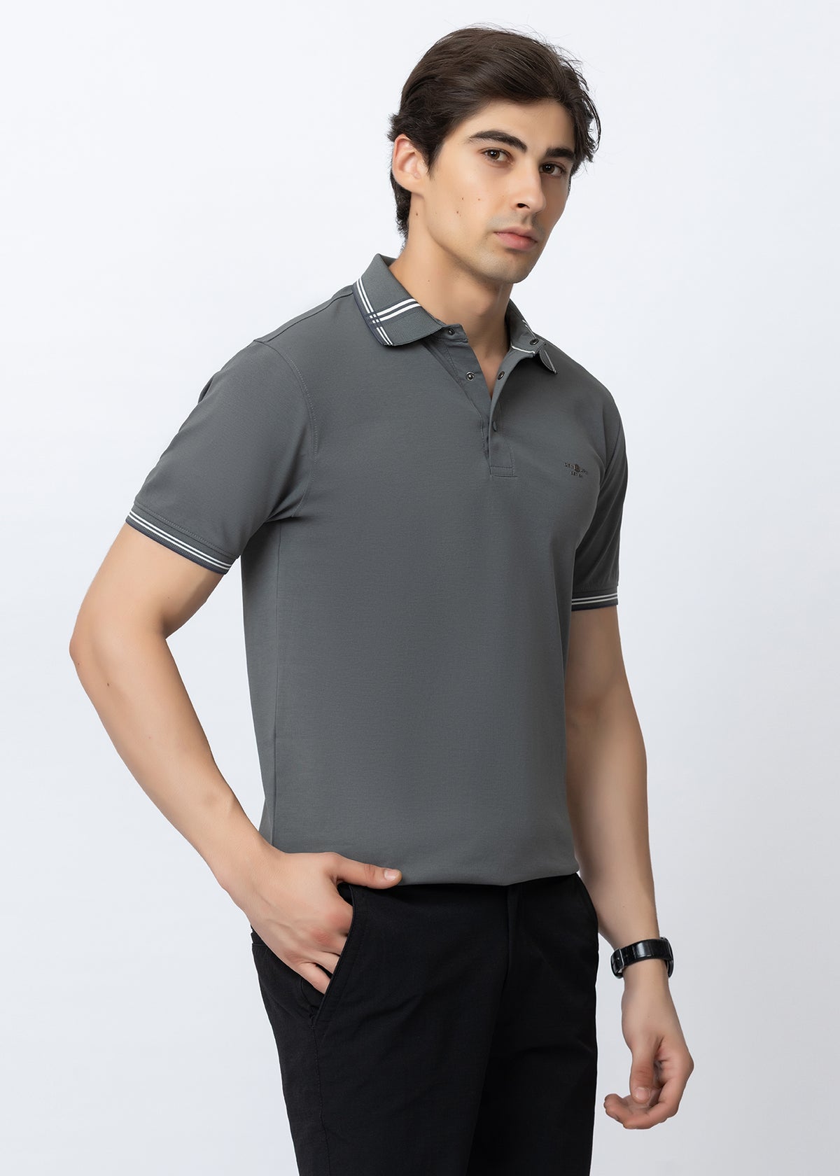 Grey Tipped Collar Polo T-Shirt