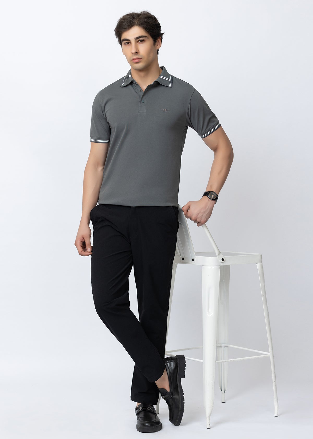 Grey Tipped Collar Polo T-Shirt