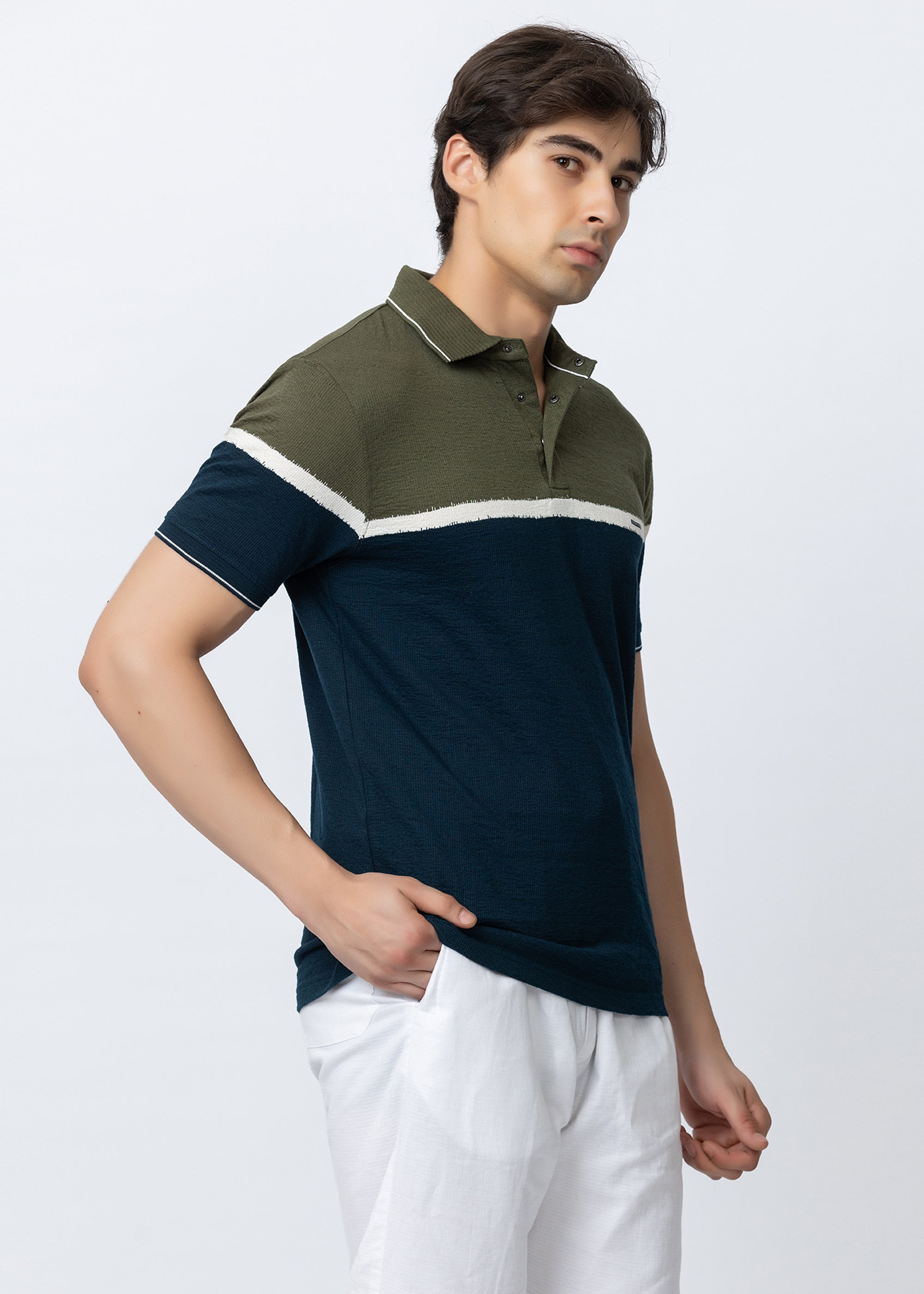 OLIVE color block KNIT POLO SHIRT