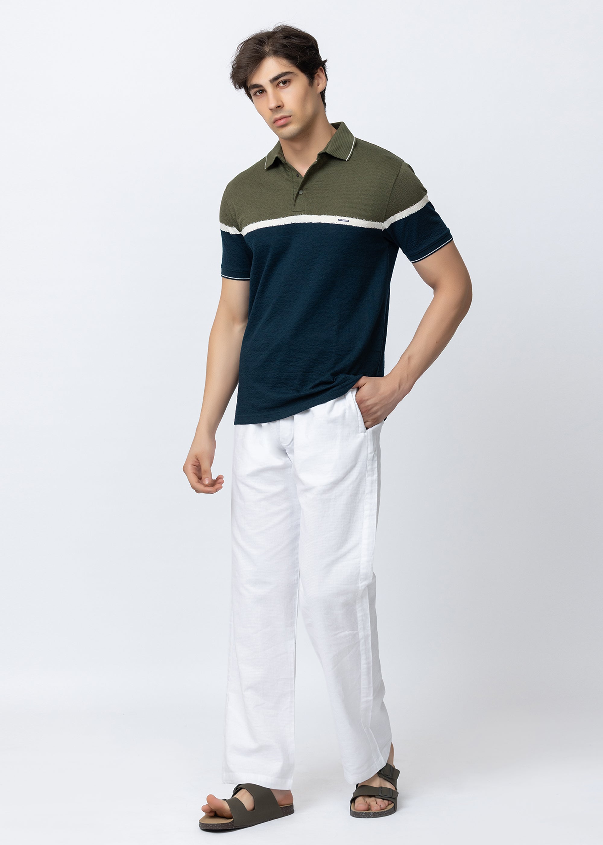 OLIVE color block KNIT POLO SHIRT