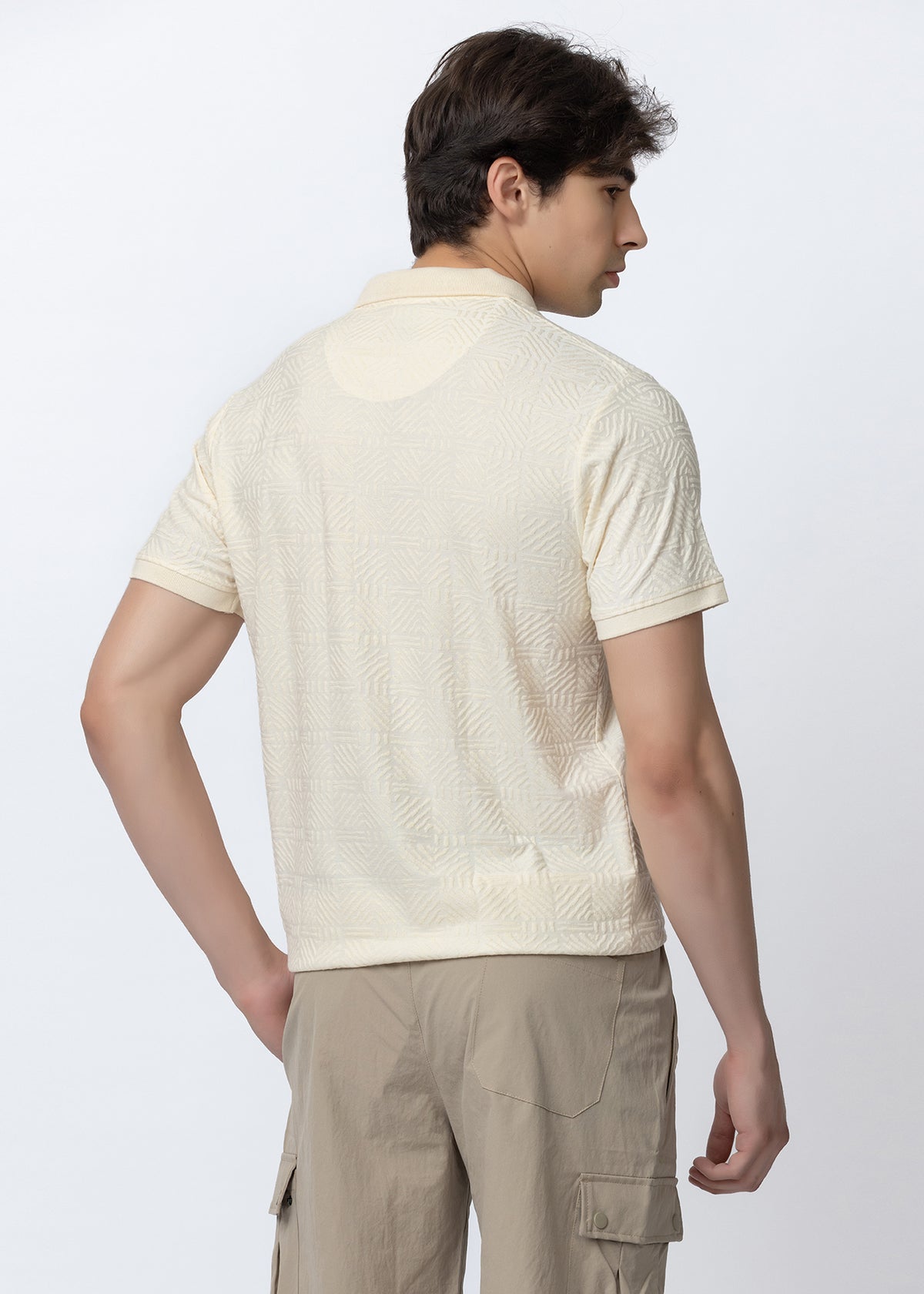 Mens Off White Textured Geometric Zip-Neck Polo T-Shirt