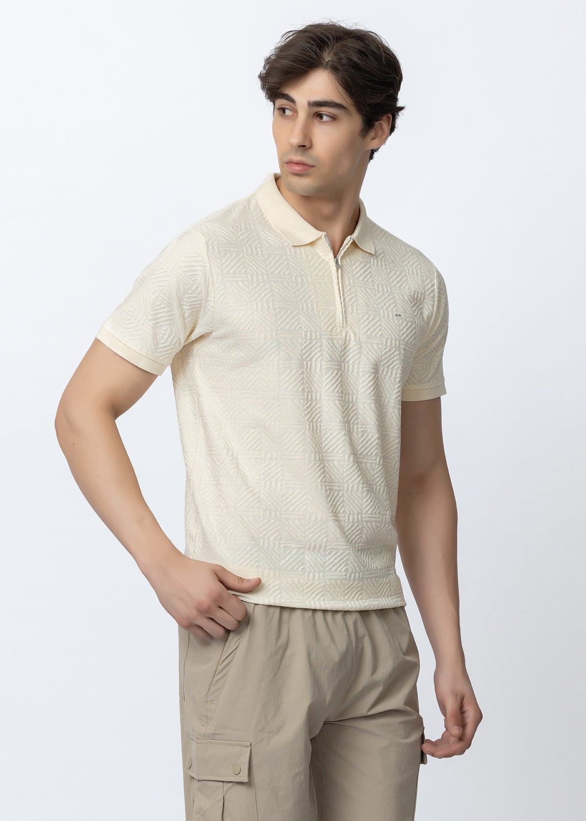 Mens Off White Textured Geometric Zip-Neck Polo T-Shirt