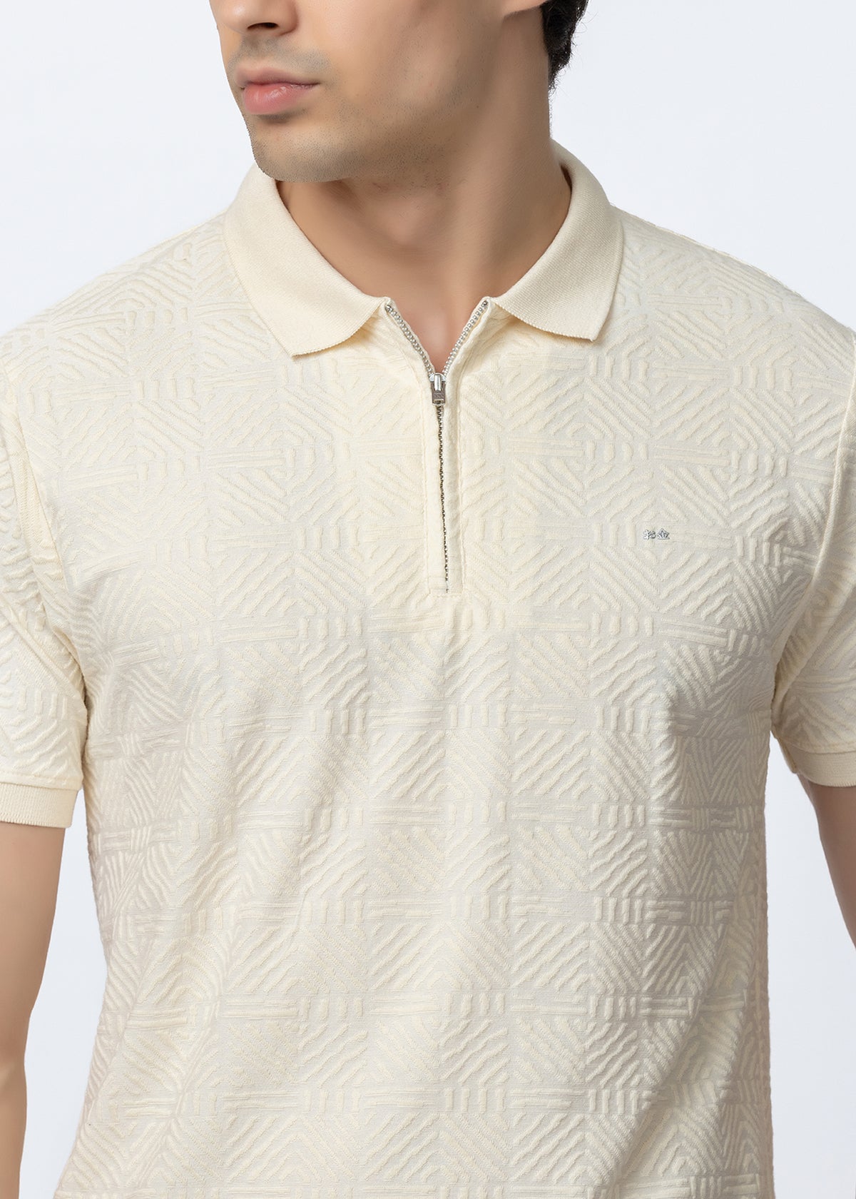 Off White Textured Zipper Polo Shirt