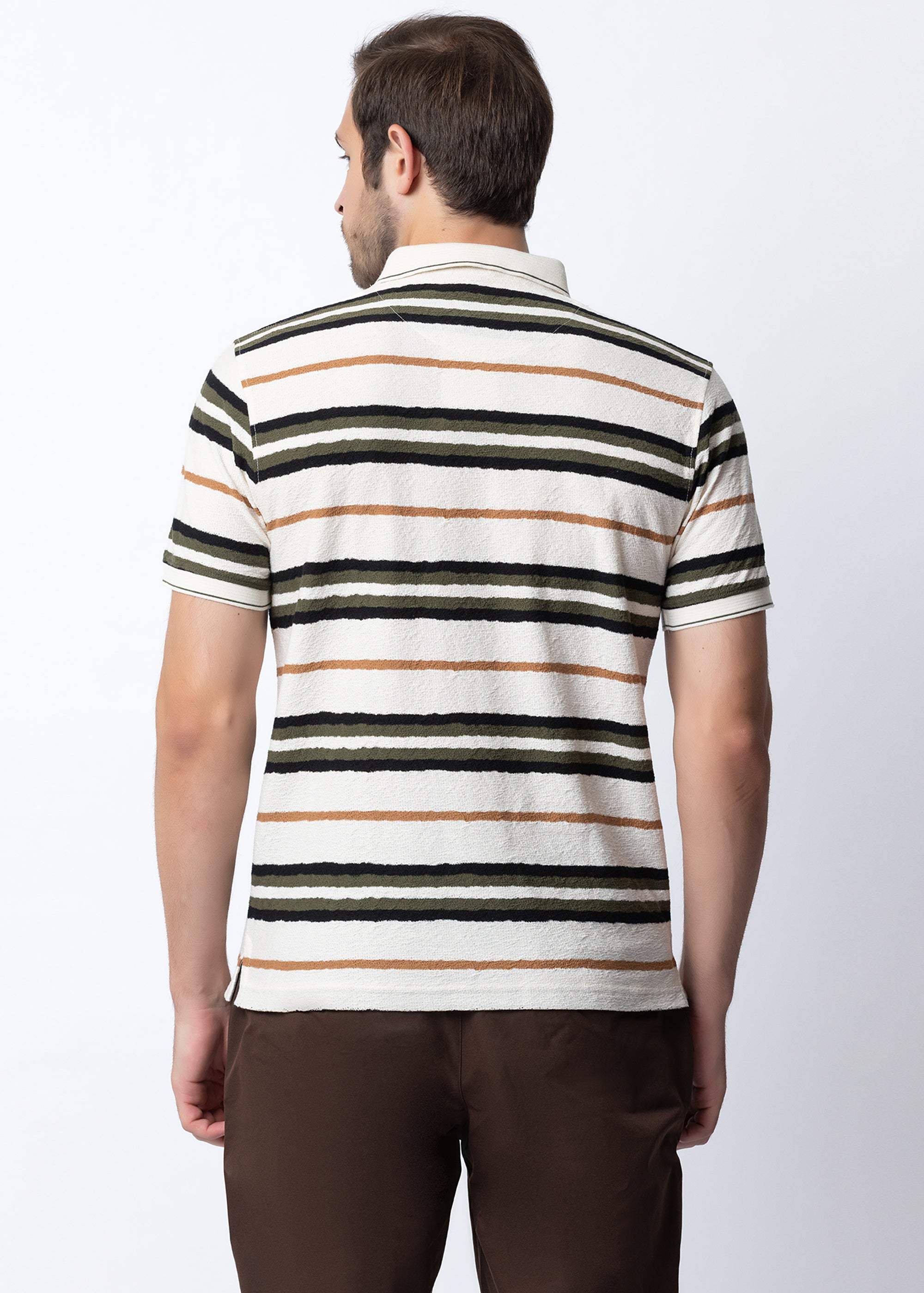 Cream Textured Multi-Striped Polo T-Shirt