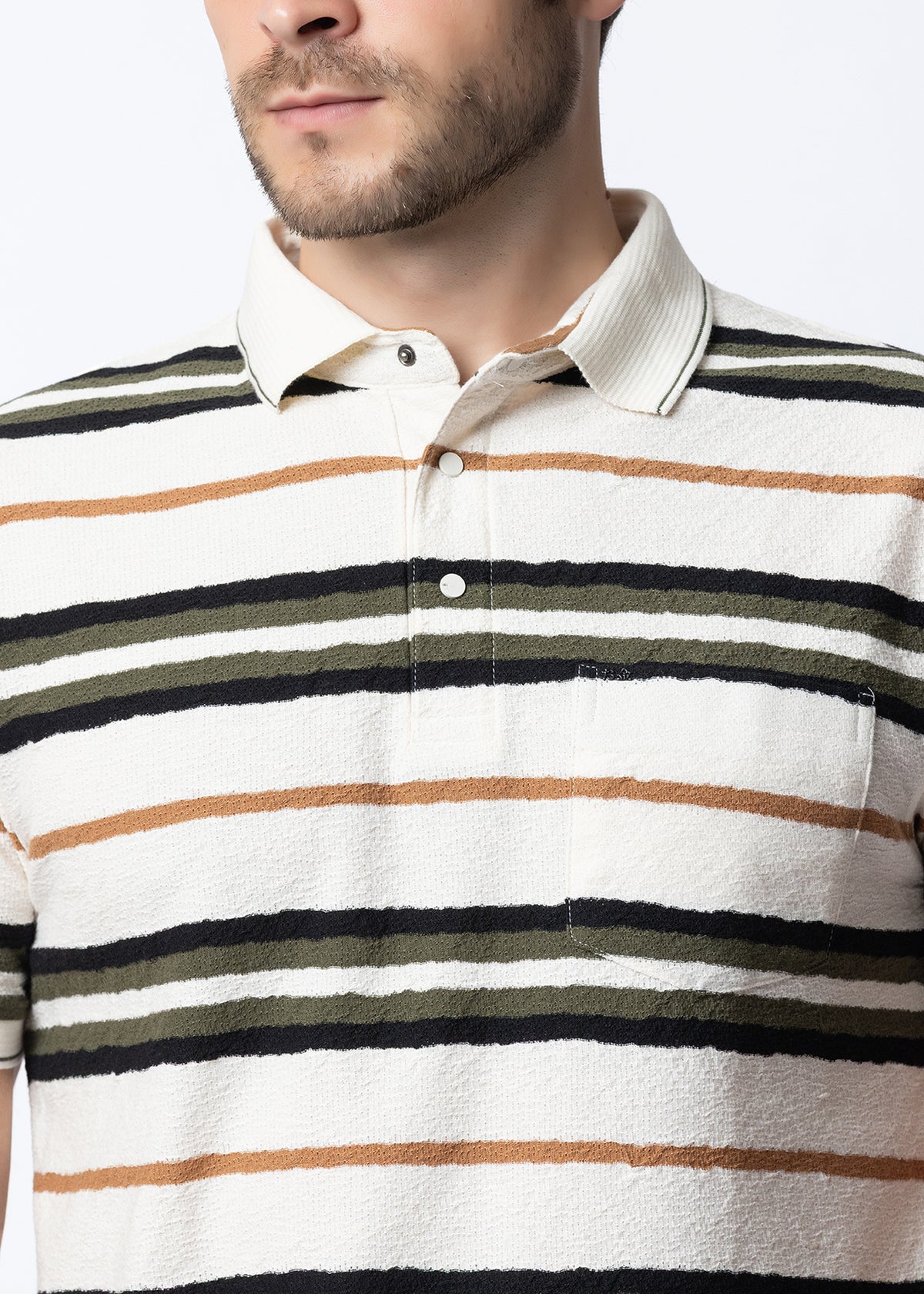 Cream Textured Multi-Striped Polo T-Shirt