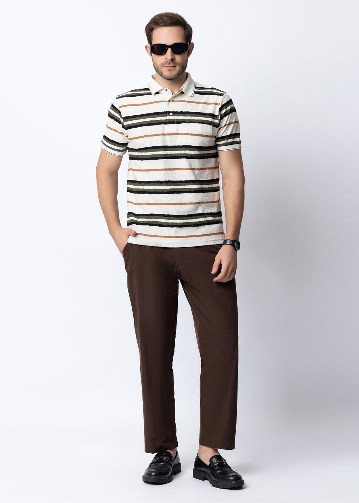 Cream Textured Multi-Striped Polo T-Shirt