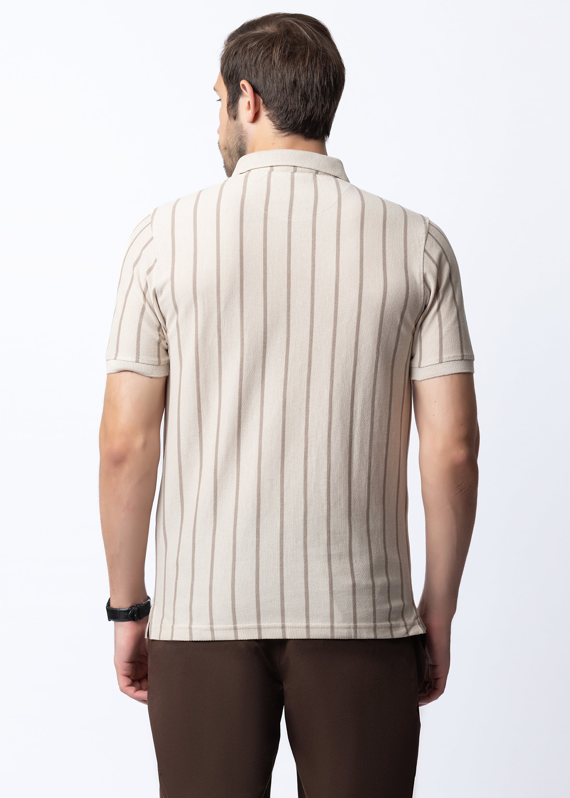 Beige Vertical Striped Textured Knit Polo T-Shirt
