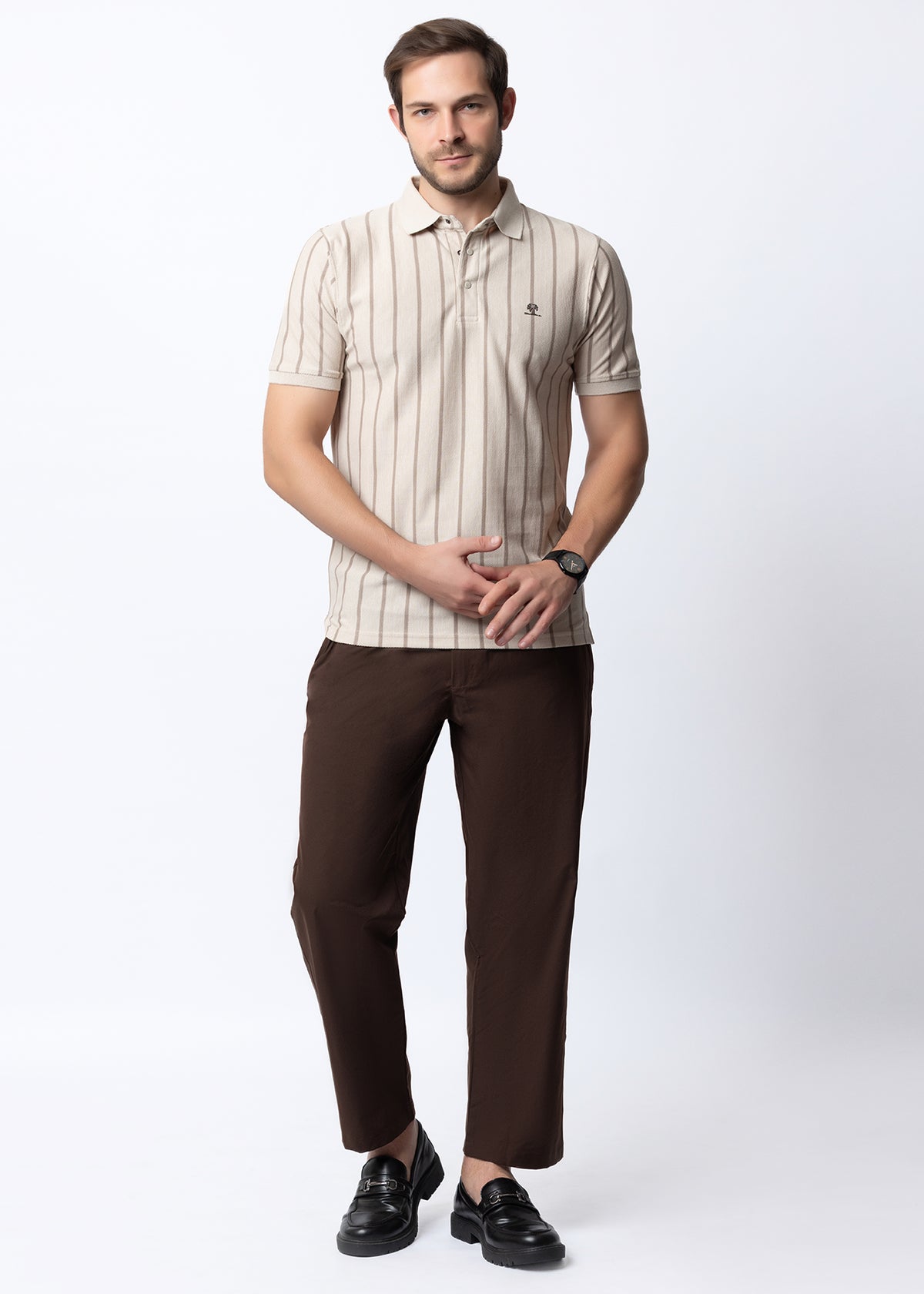 Beige Vertical Striped Textured Knit Polo T-Shirt
