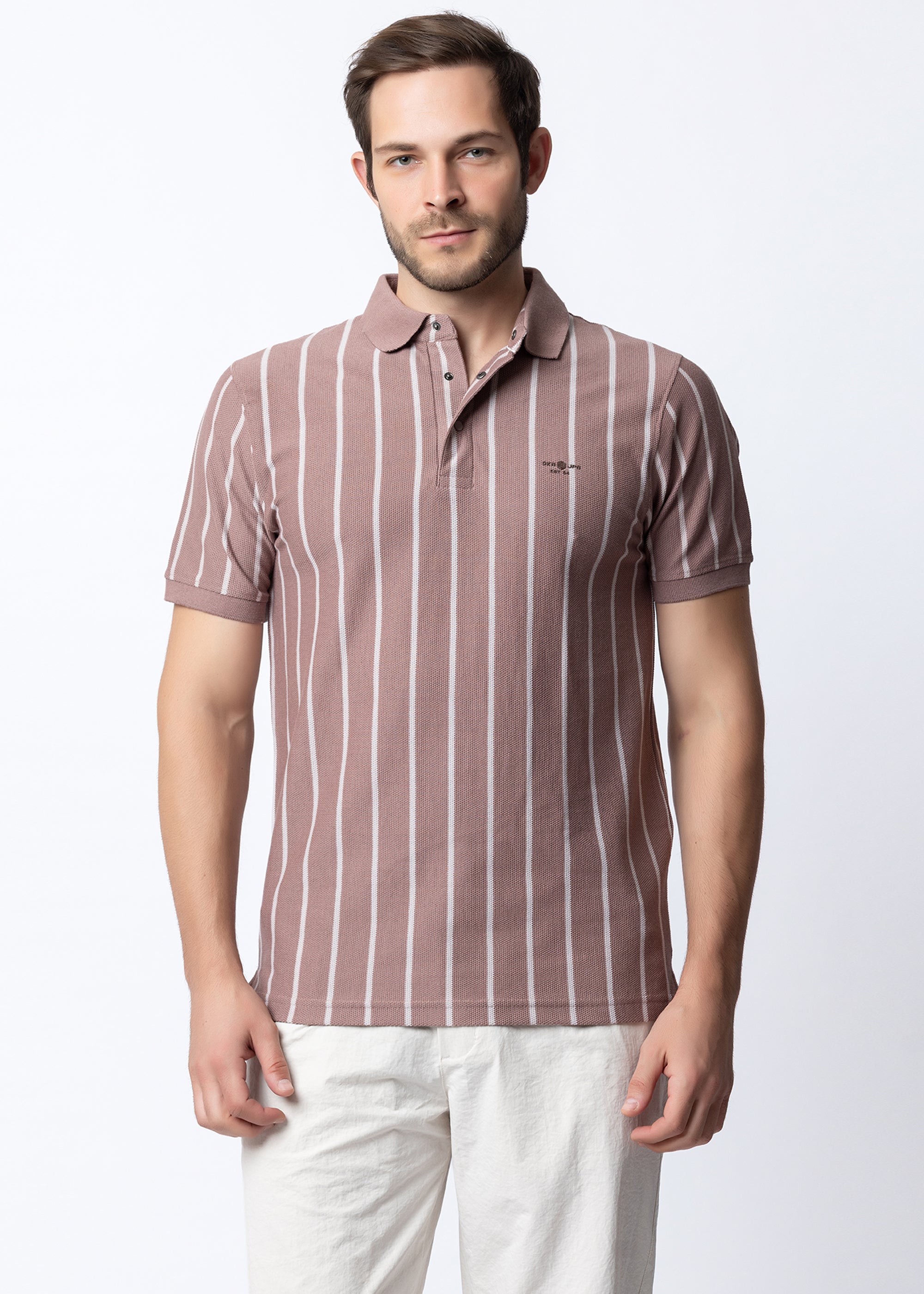 Vertical Striped Textured Knit Polo T-Shirt