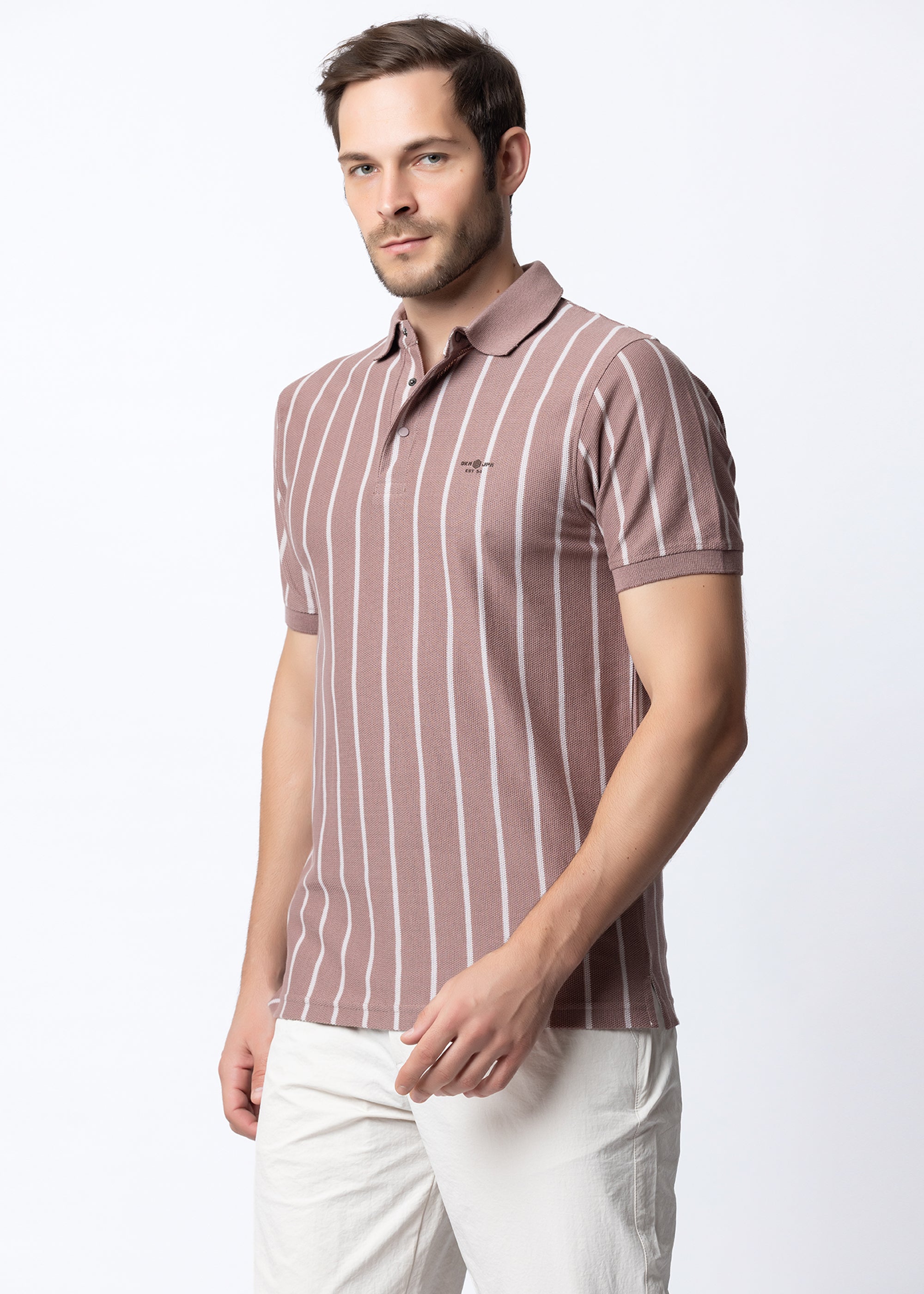 Vertical Striped Textured Knit Polo T-Shirt