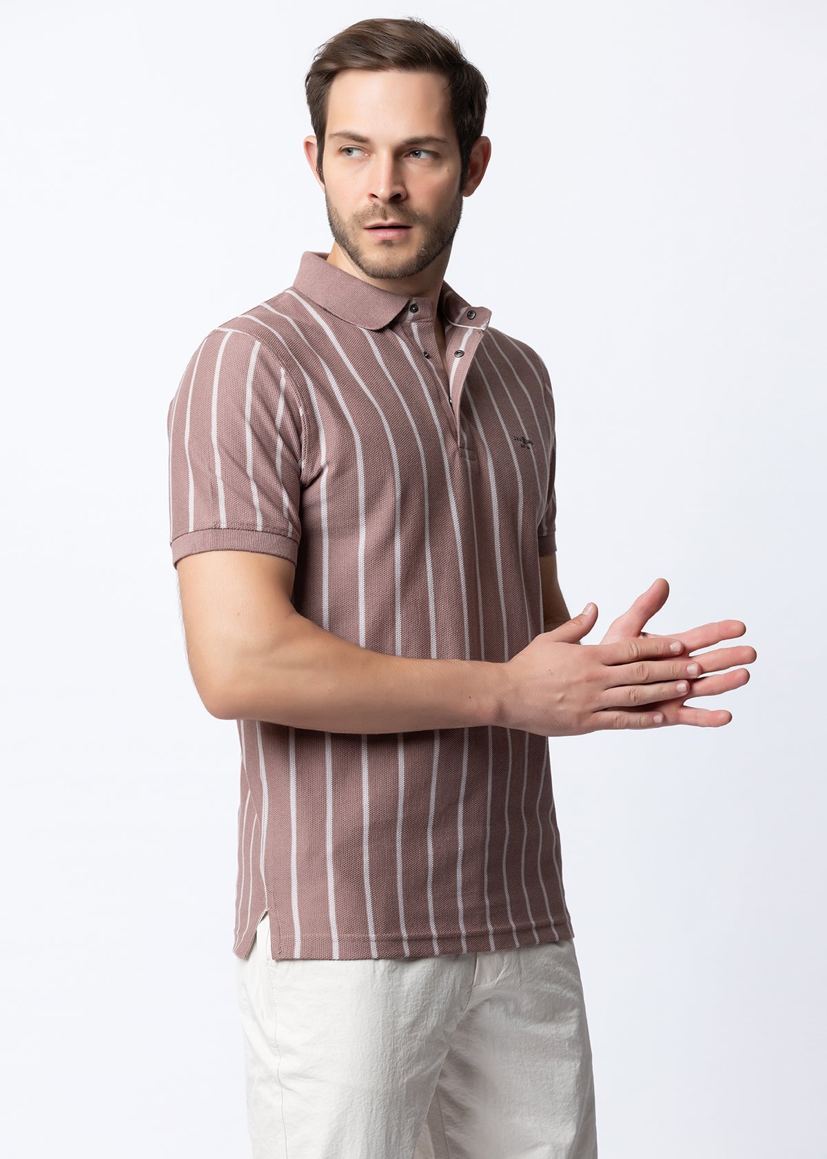 Vertical Striped Textured Knit Polo T-Shirt