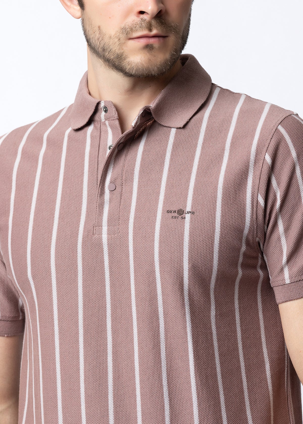 Vertical Striped Textured Knit Polo T-Shirt