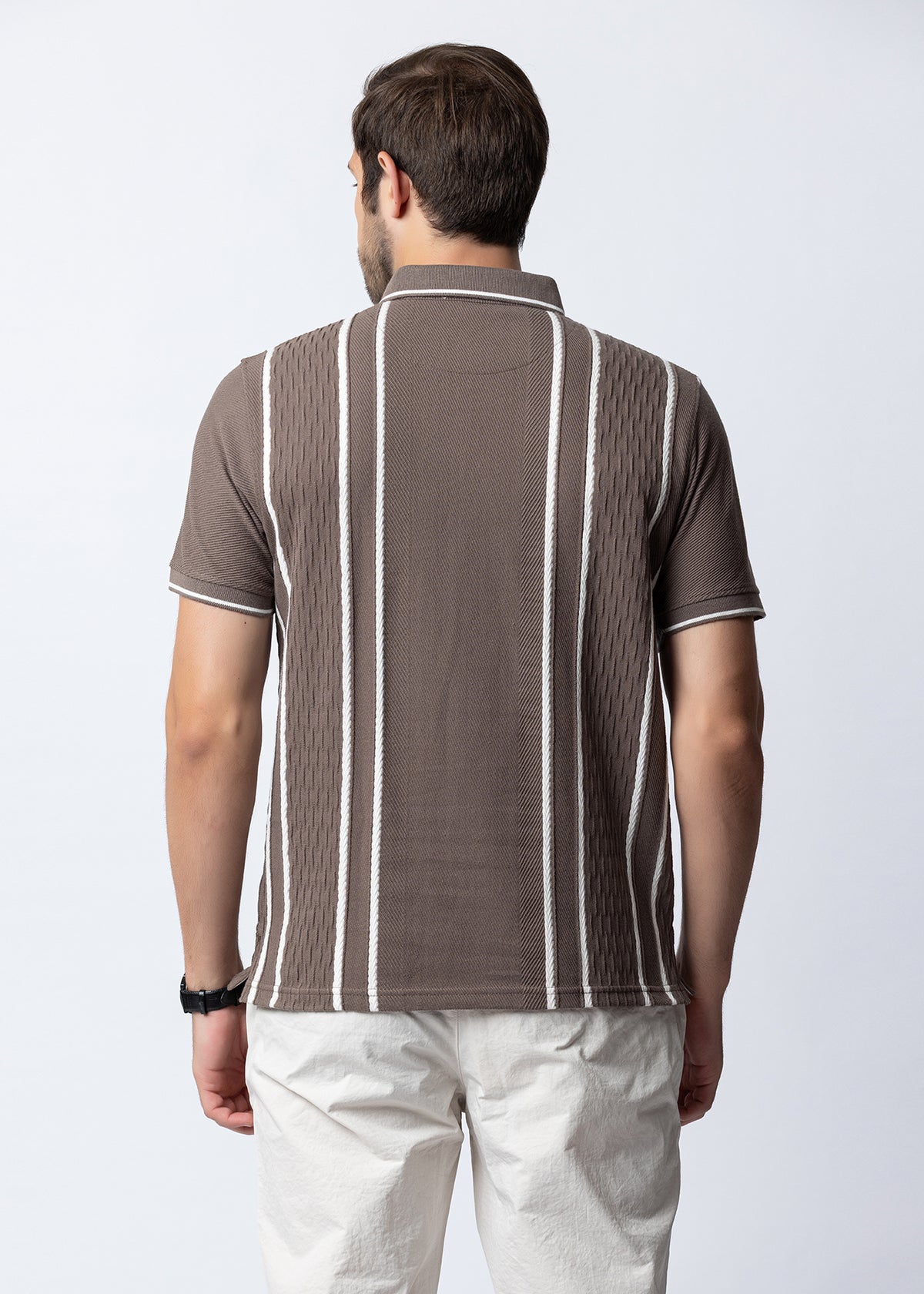 Stone Vertical Striped Textured Knit Polo T-Shirt