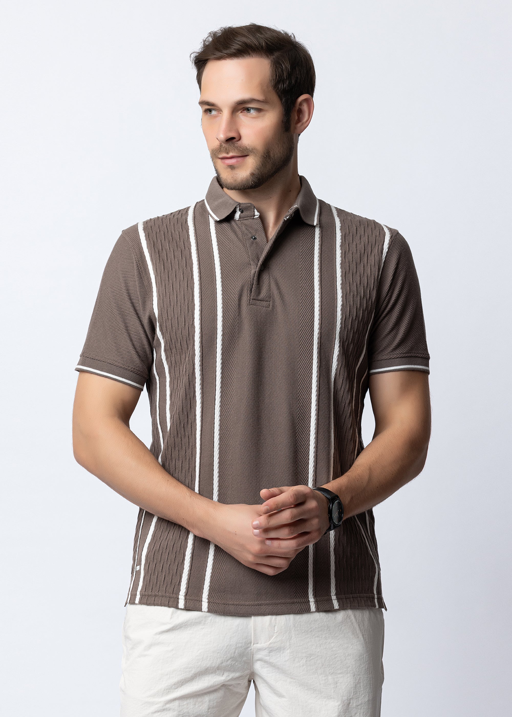 Stone Vertical Striped Textured Knit Polo T-Shirt