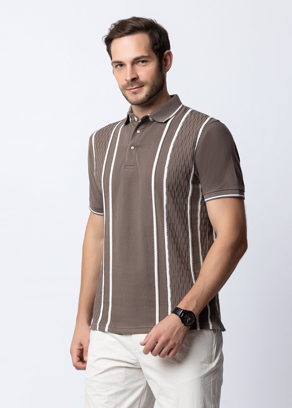 Stone Vertical Striped Textured Knit Polo T-Shirt