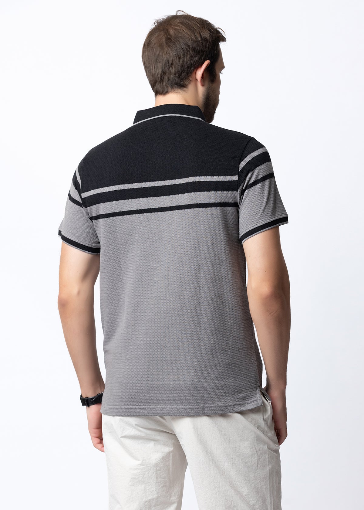 Black & Grey Contrast Stripe Knit Polo Shirt