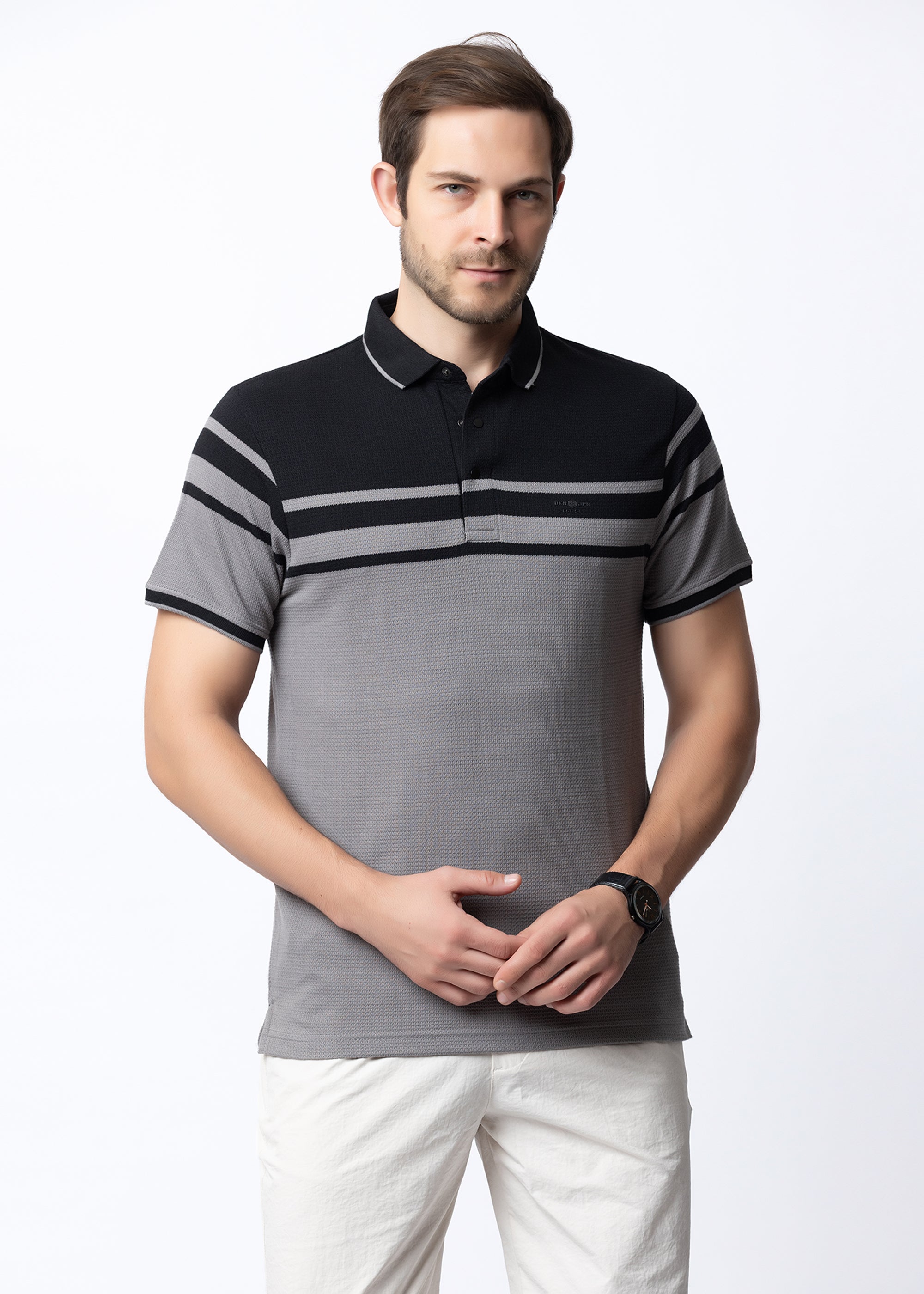 Black & Grey Contrast Stripe Knit Polo Shirt