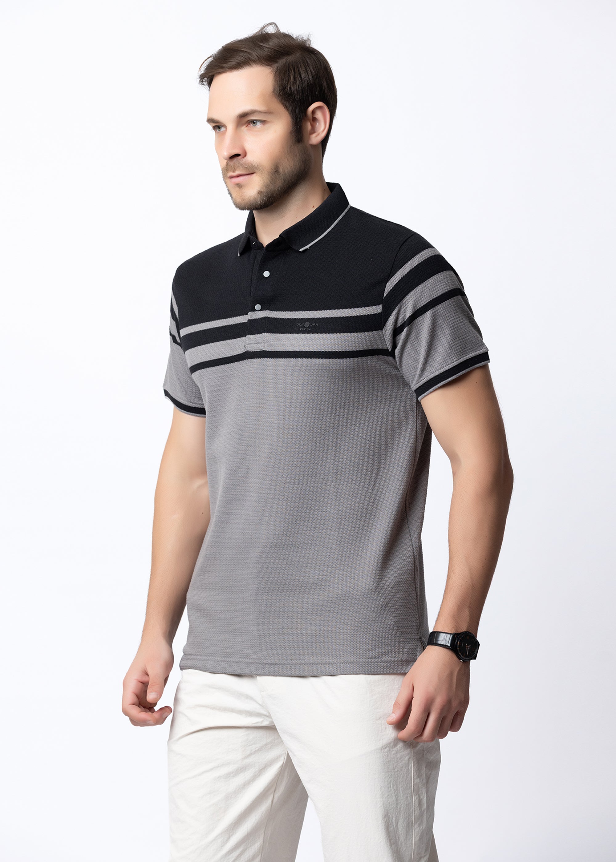 Black & Grey Contrast Stripe Knit Polo Shirt
