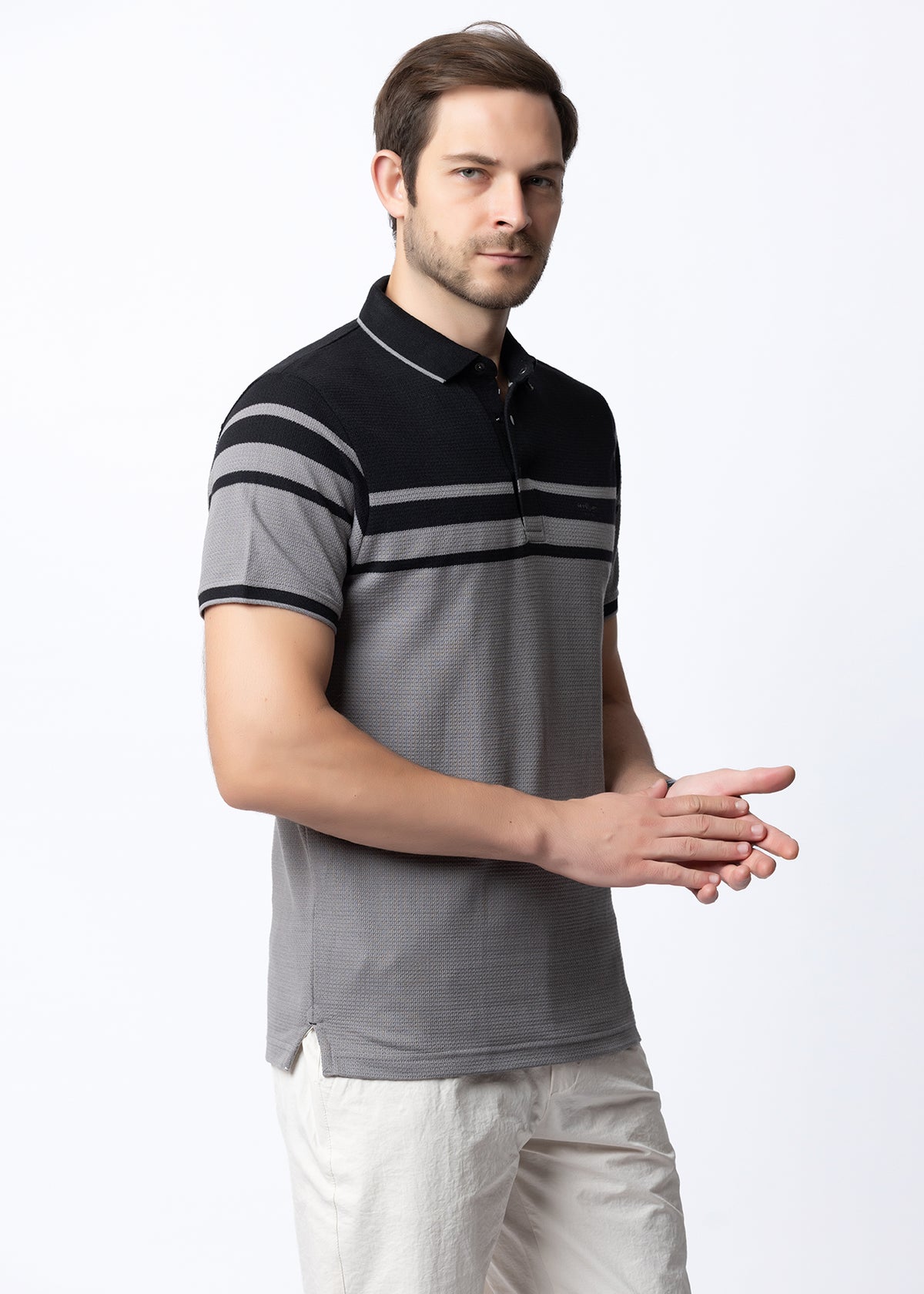 Black & Grey Contrast Stripe Knit Polo Shirt
