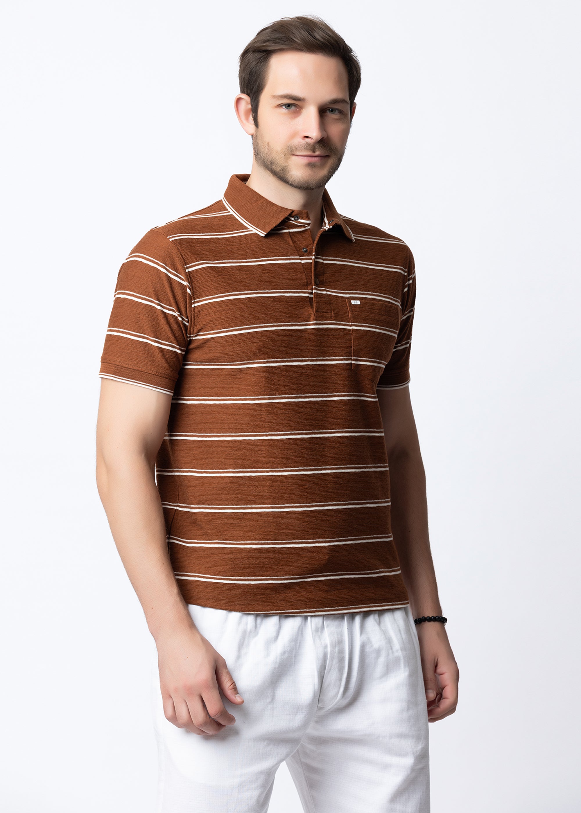 Tan Striped Knit Polo T-Shirt