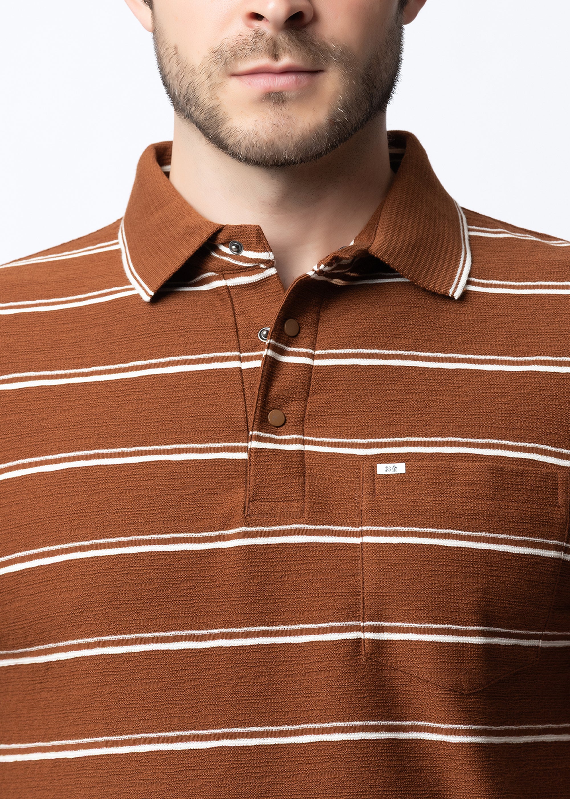 Tan Striped Knit Polo T-Shirt