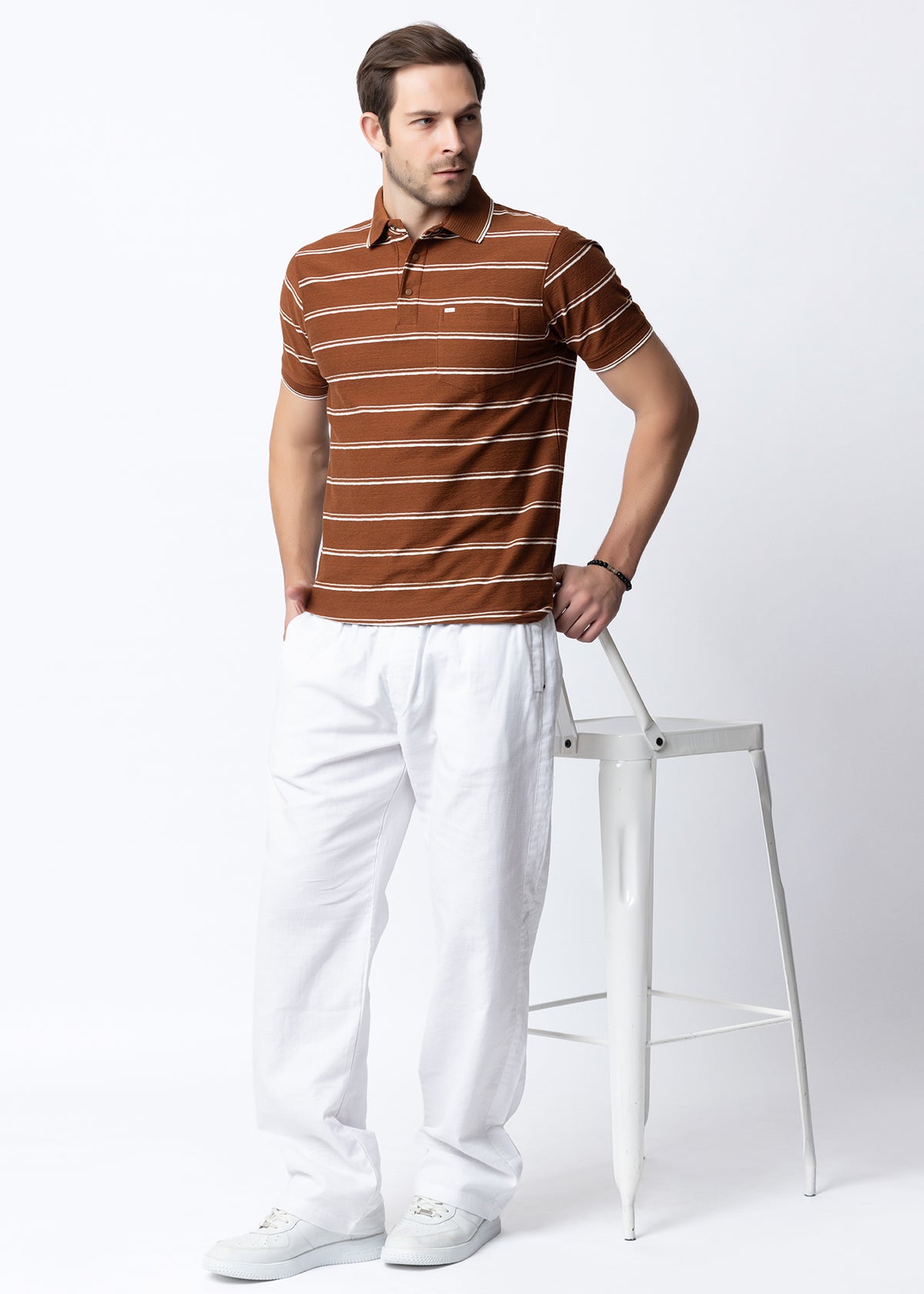 Tan Striped Knit Polo T-Shirt