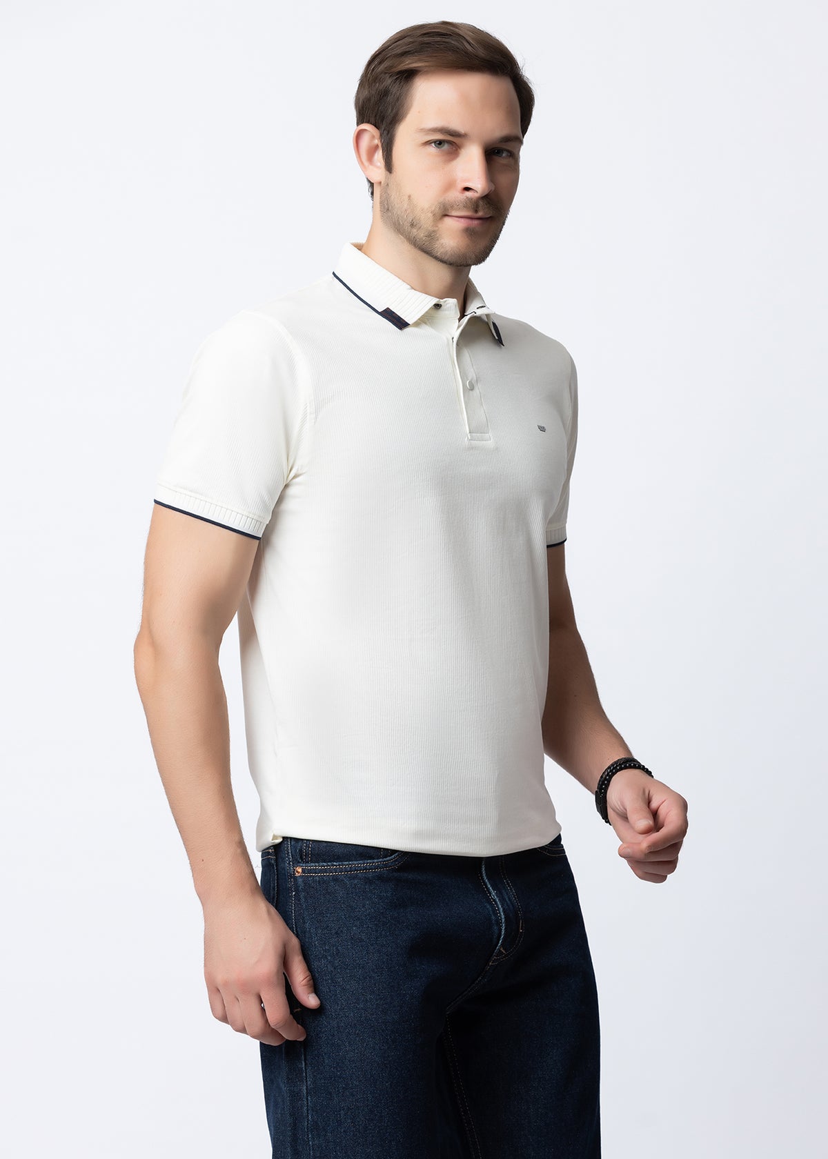 White Geometric Trim Polo T-Shirt