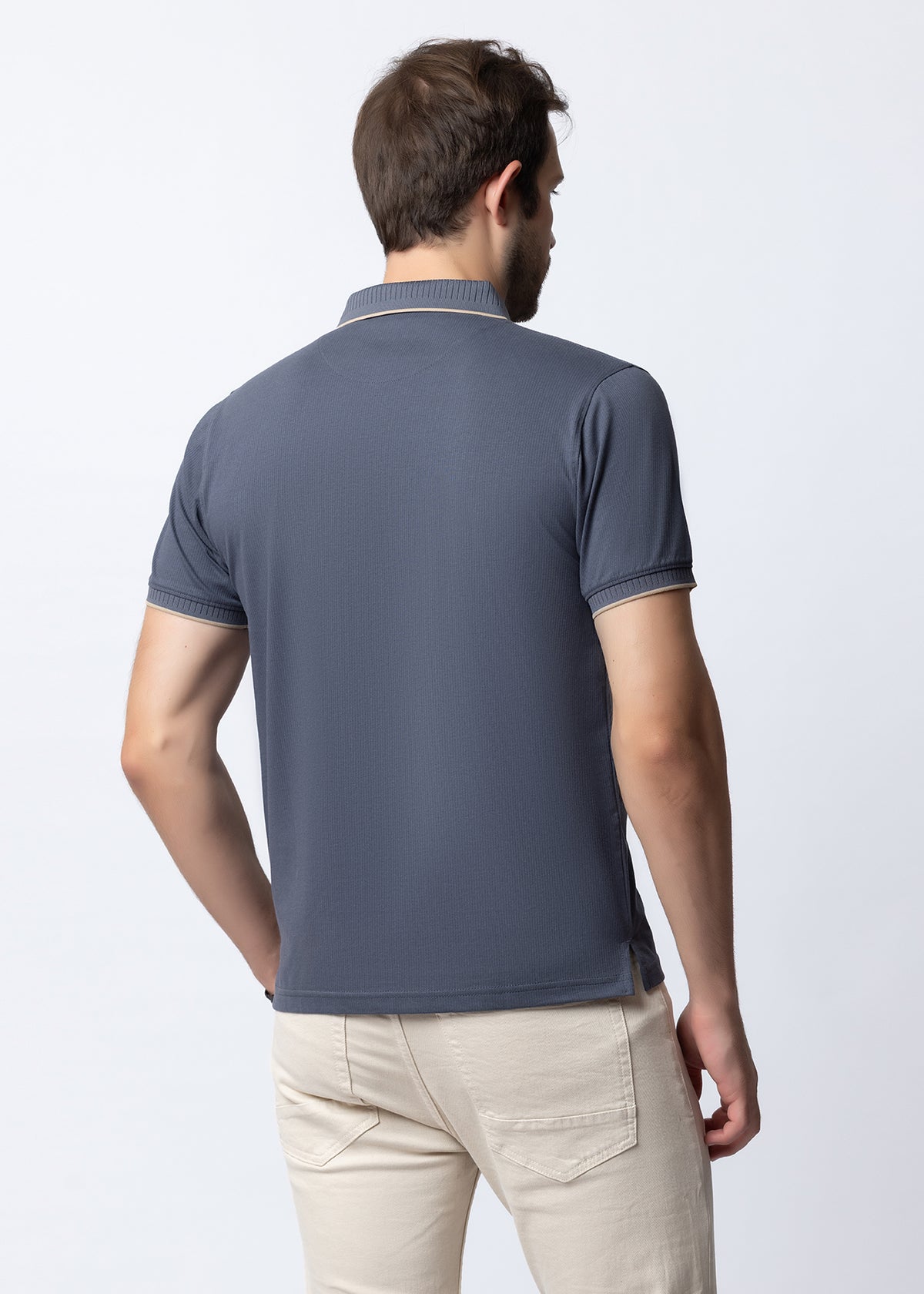 D.Grey Geometric Trim Polo T-Shirt
