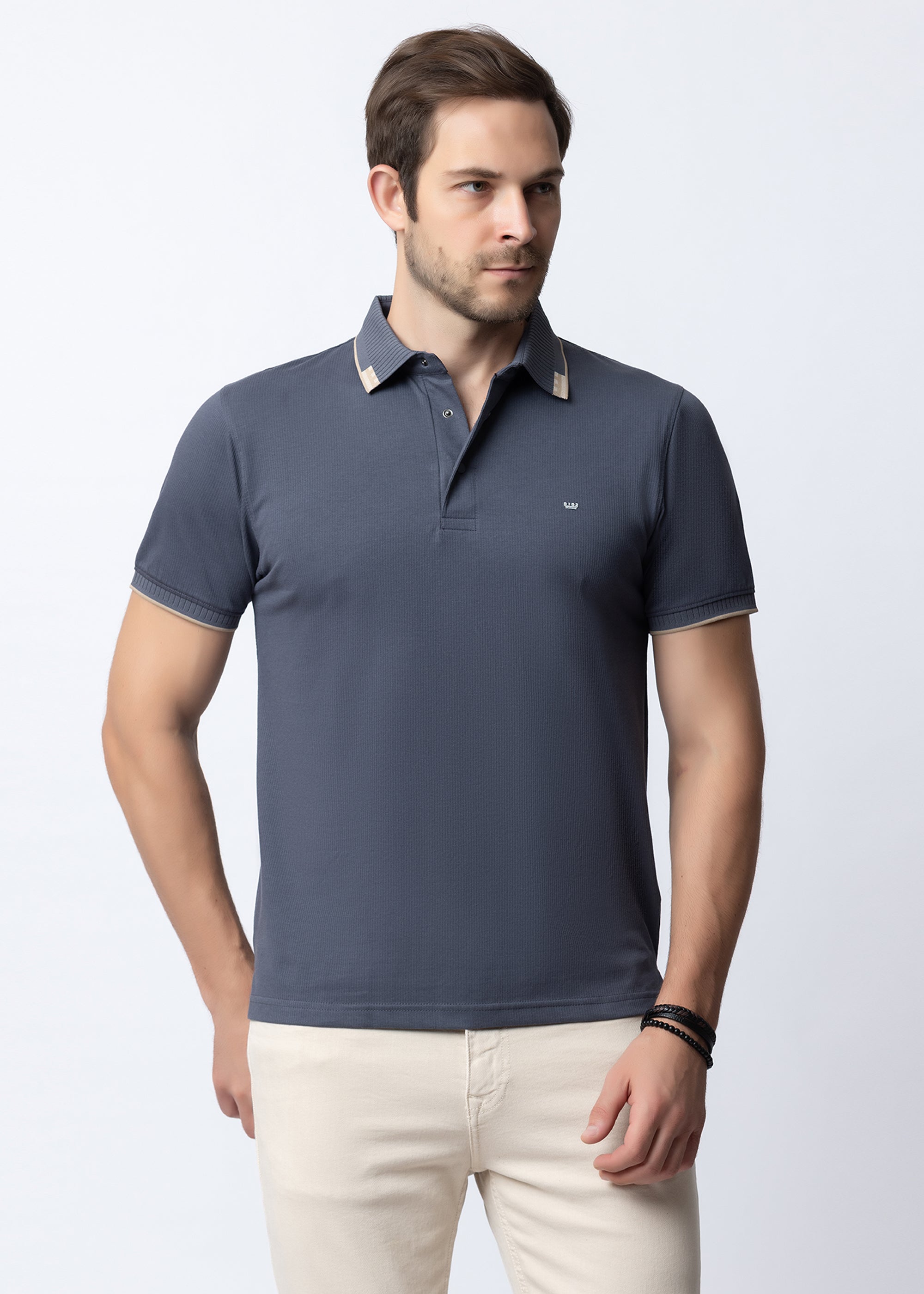 D.Grey  Geometric Trim Polo T-Shirt