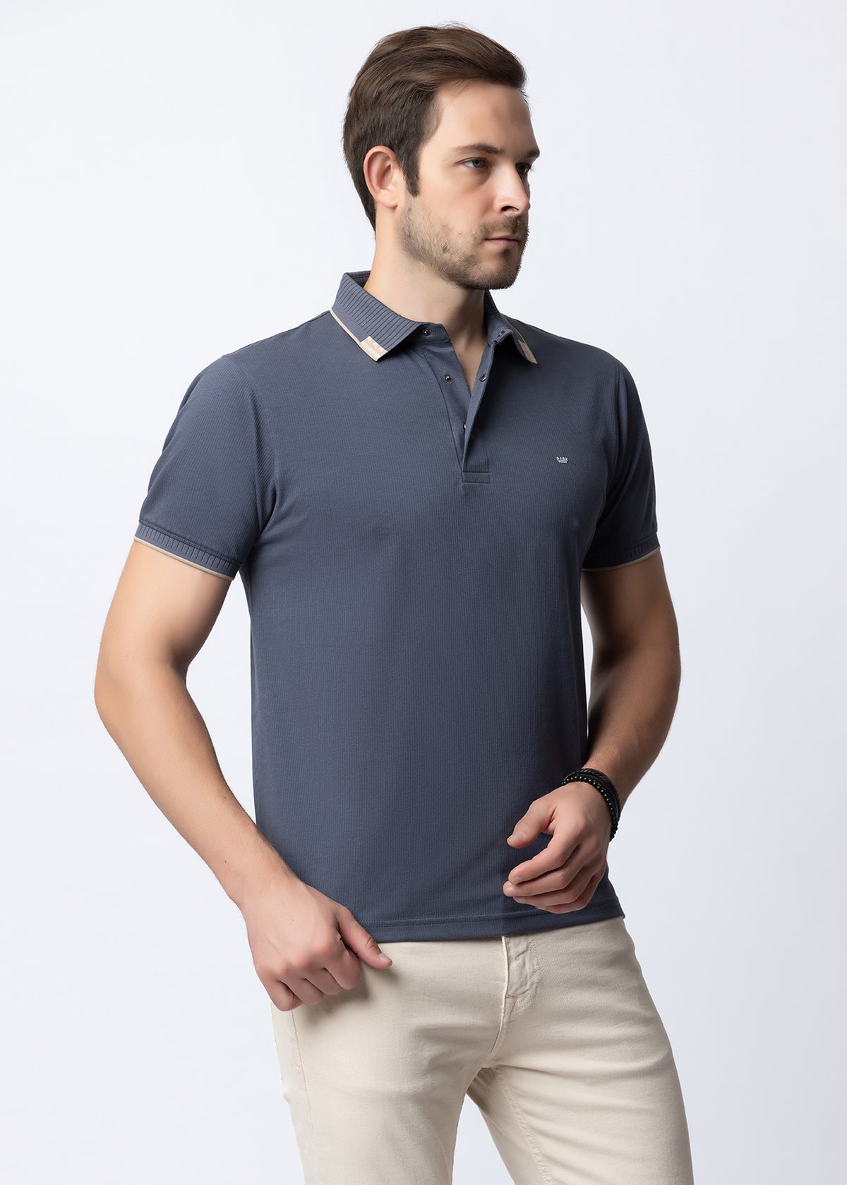 D.Grey Geometric Trim Polo T-Shirt