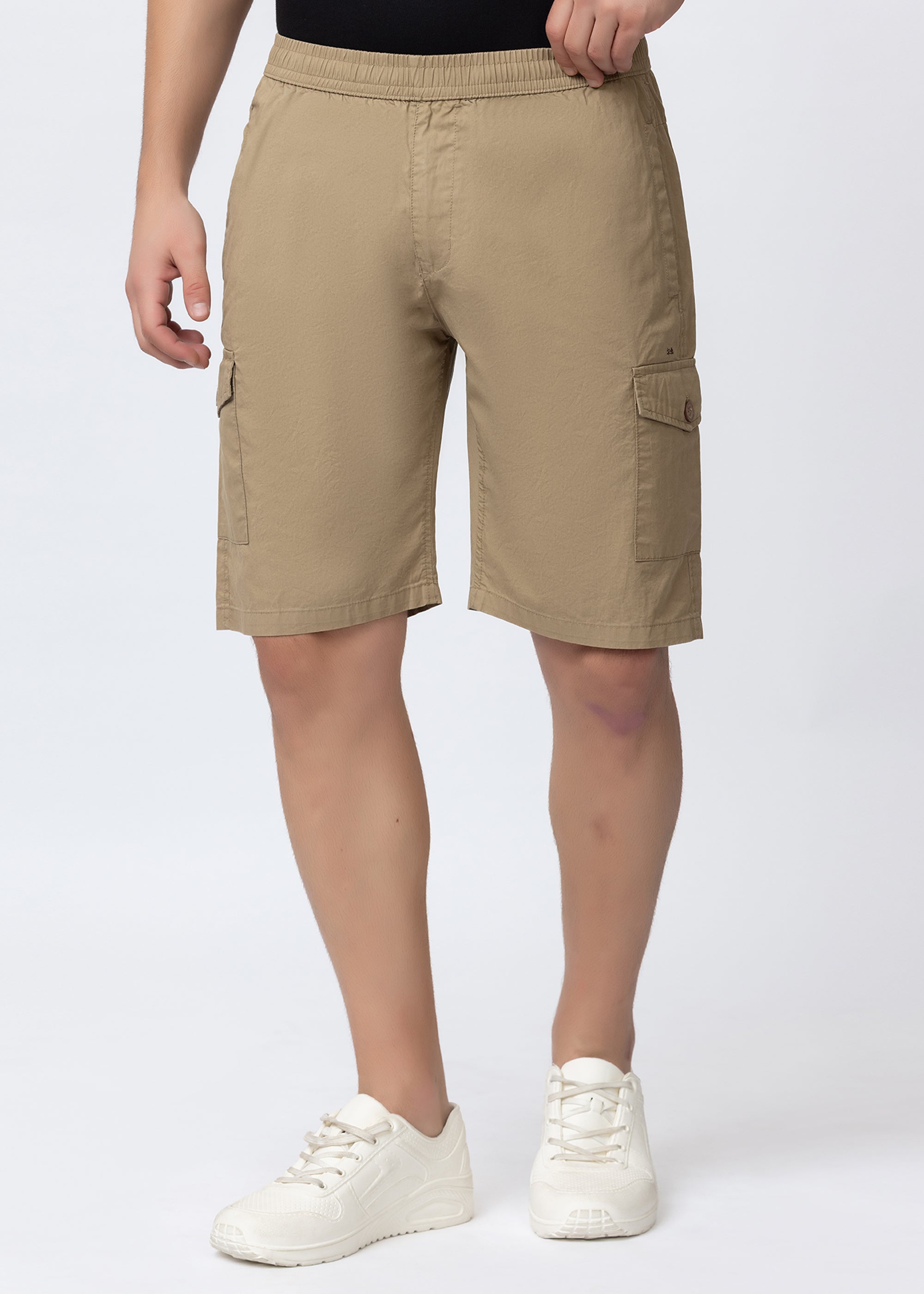 KHAKI SOLID COTTON UTILITY SHORTS