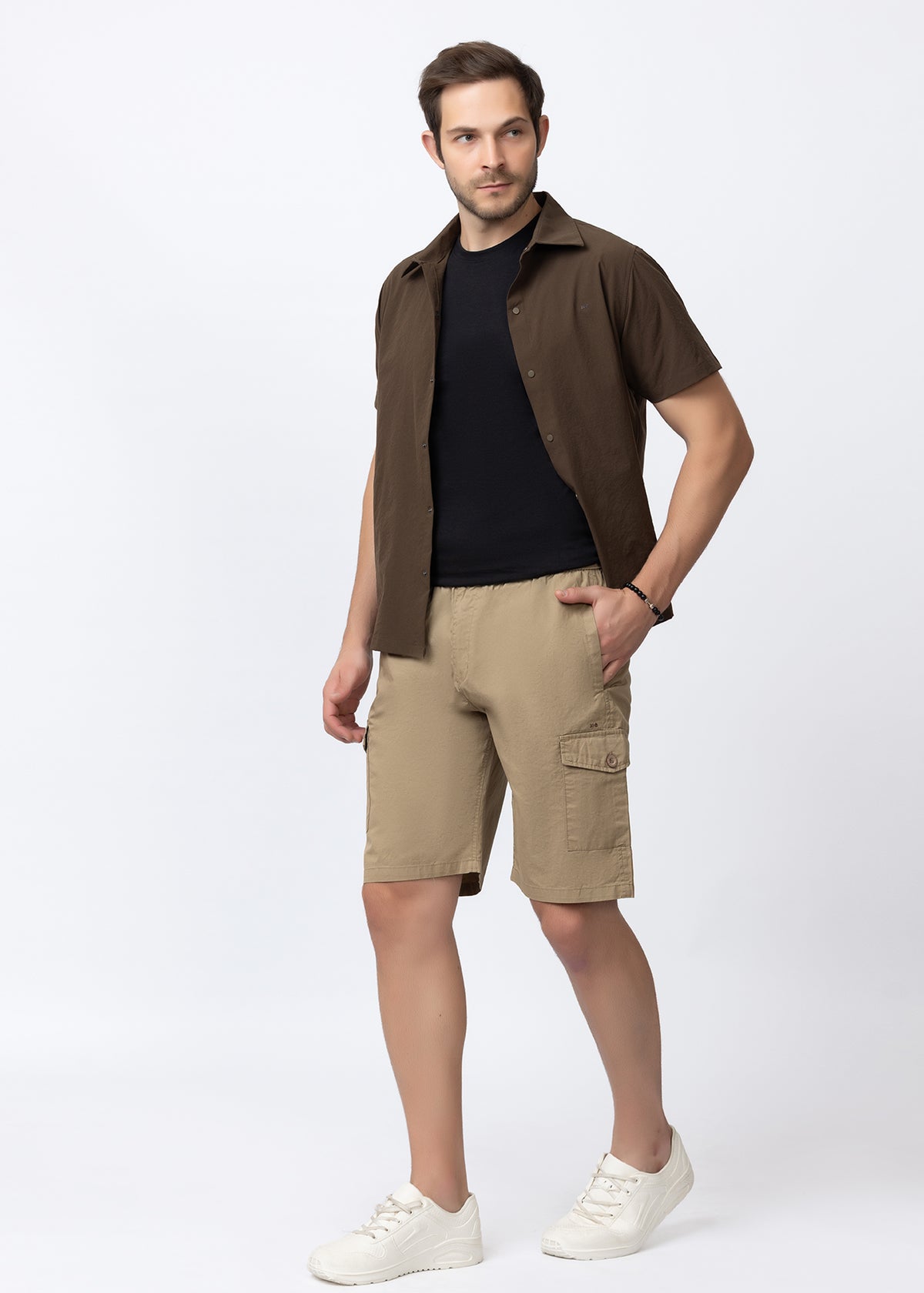 KHAKI SOLID COTTON UTILITY SHORTS