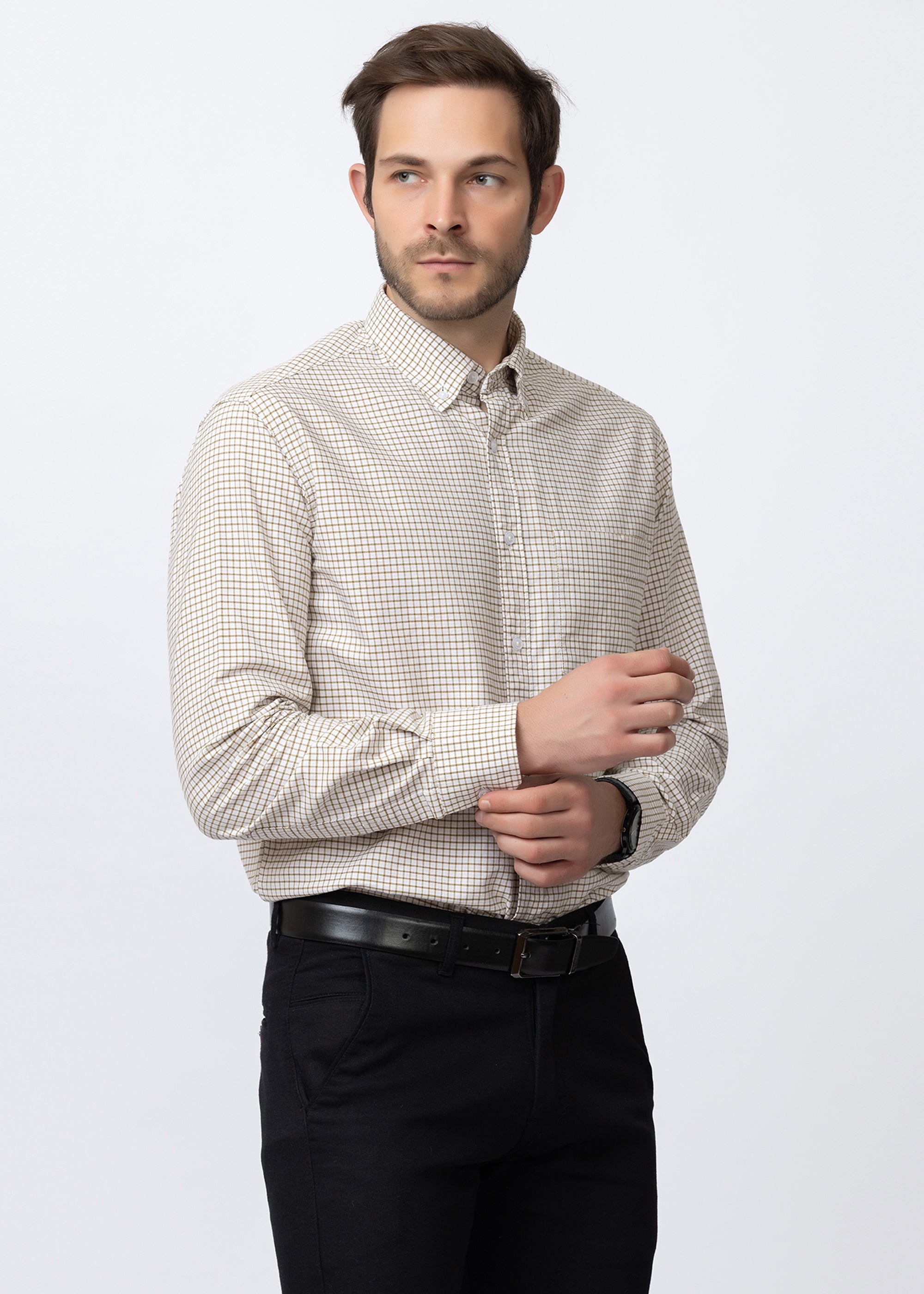 Beige & White Checkered Formal Shirt