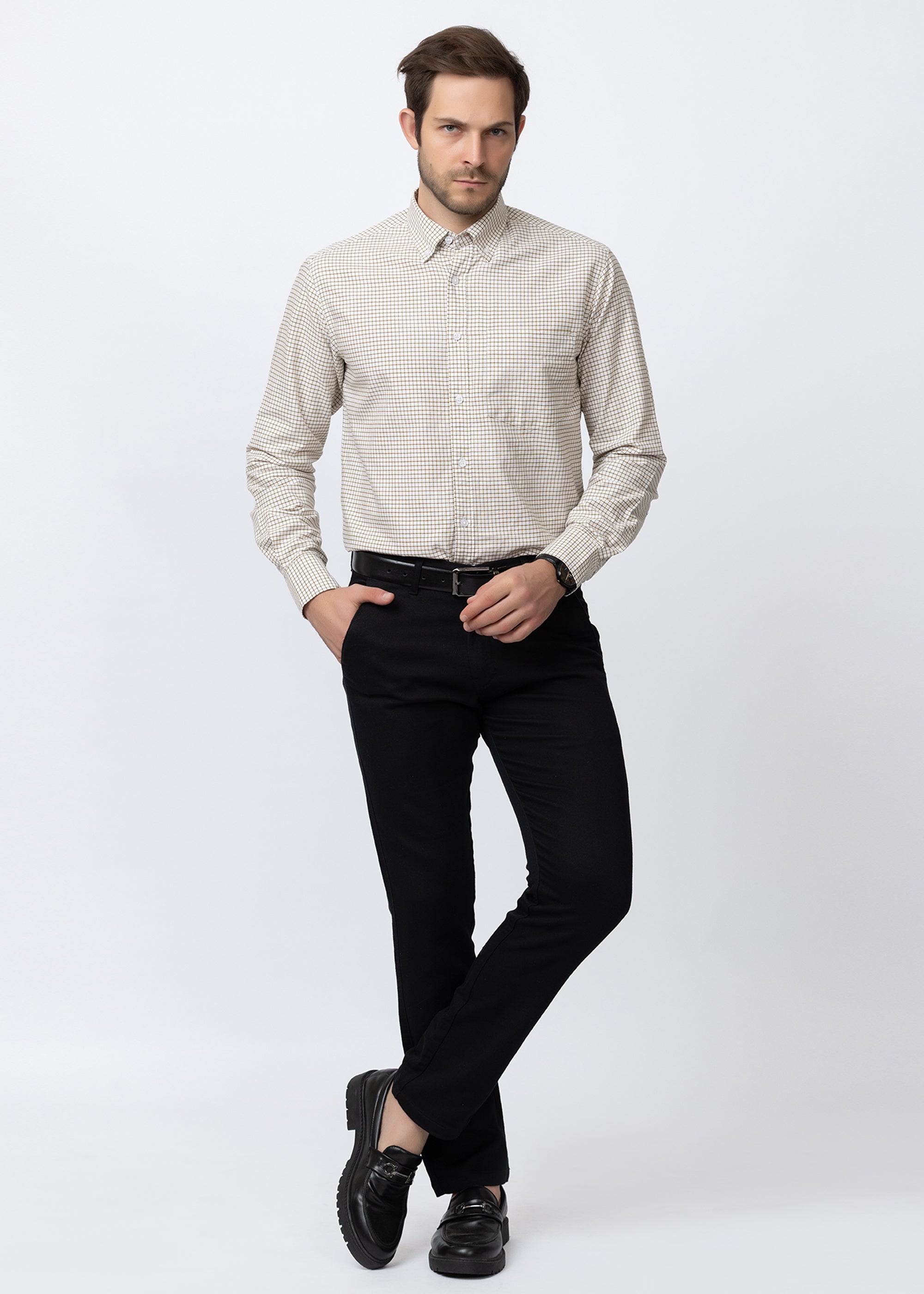 Beige & White Checkered Formal Shirt