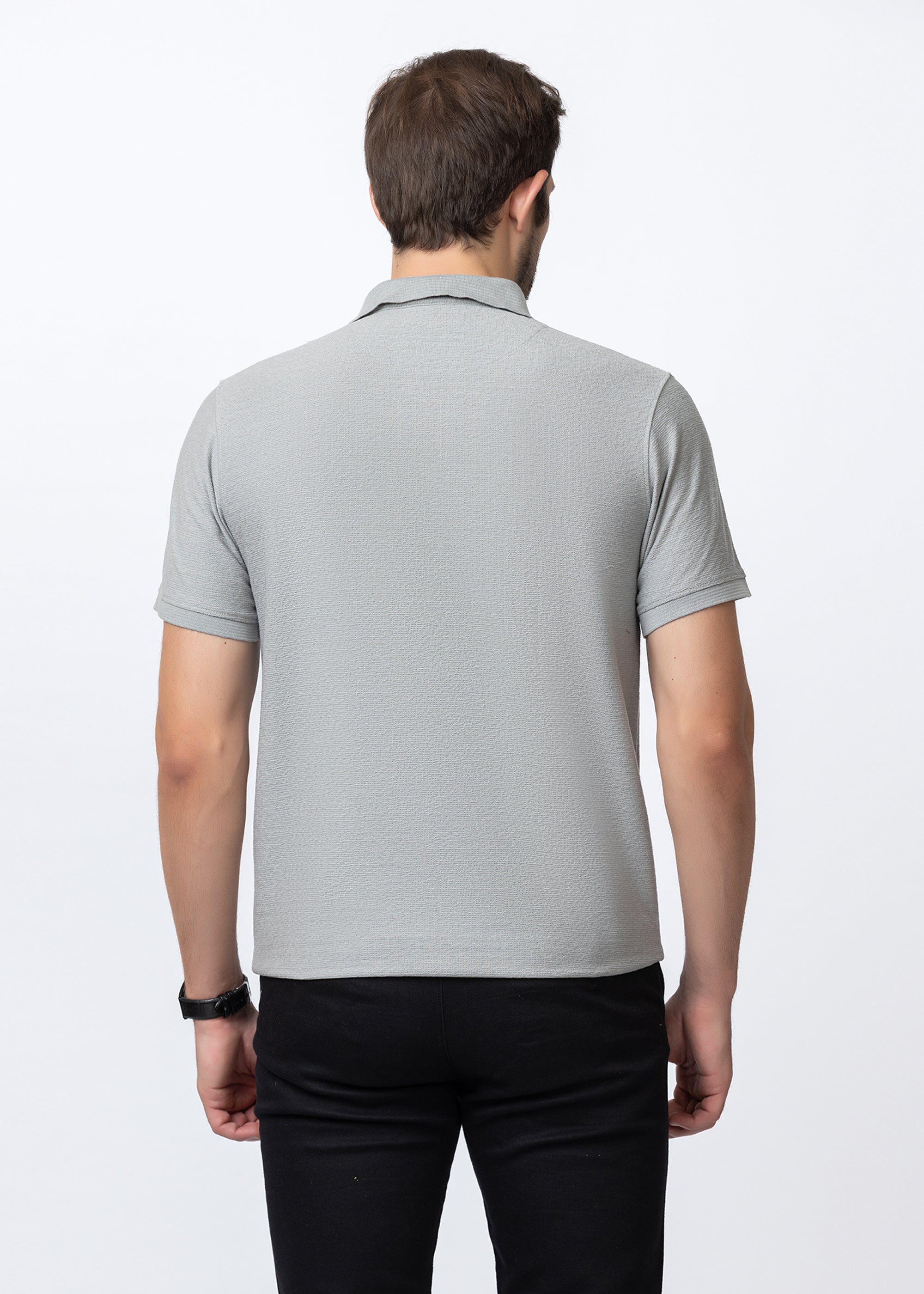 Grey Textured Cotton Polo T-Shirt