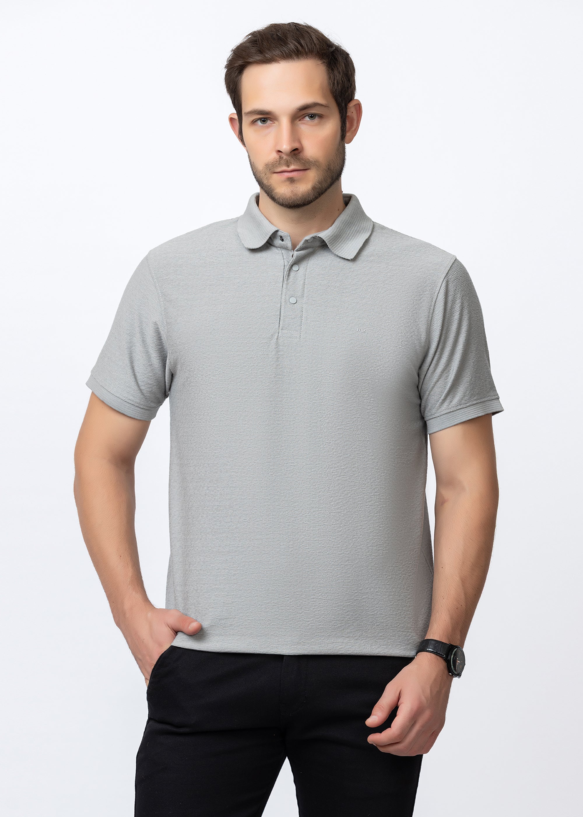 Grey Textured Cotton Polo T-Shirt