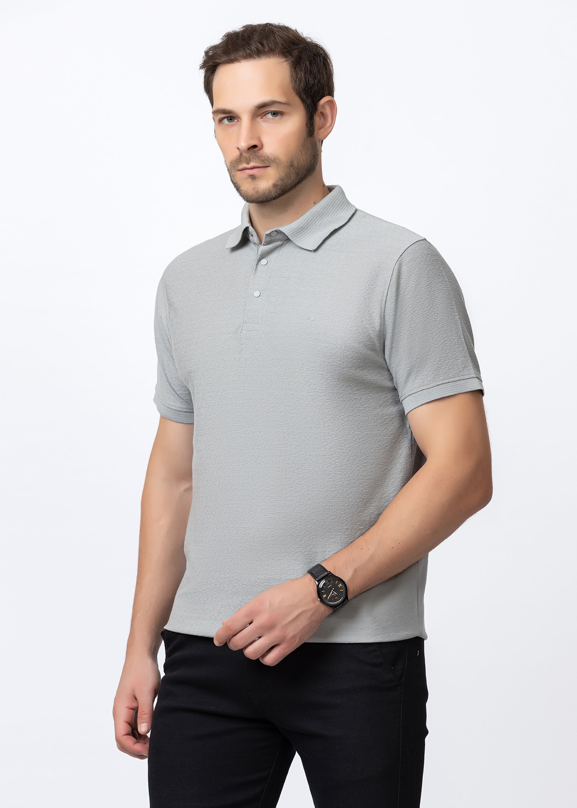 Grey Textured Cotton Polo T-Shirt