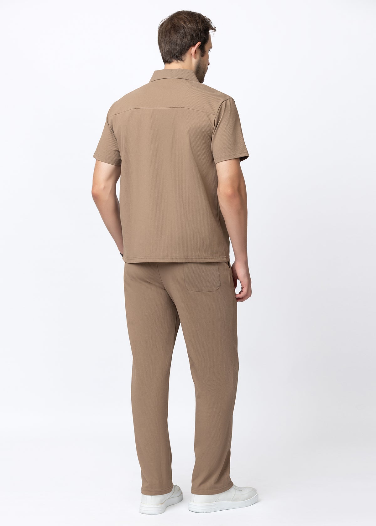 Beige Textured Cuban Collar Co-Ord Set