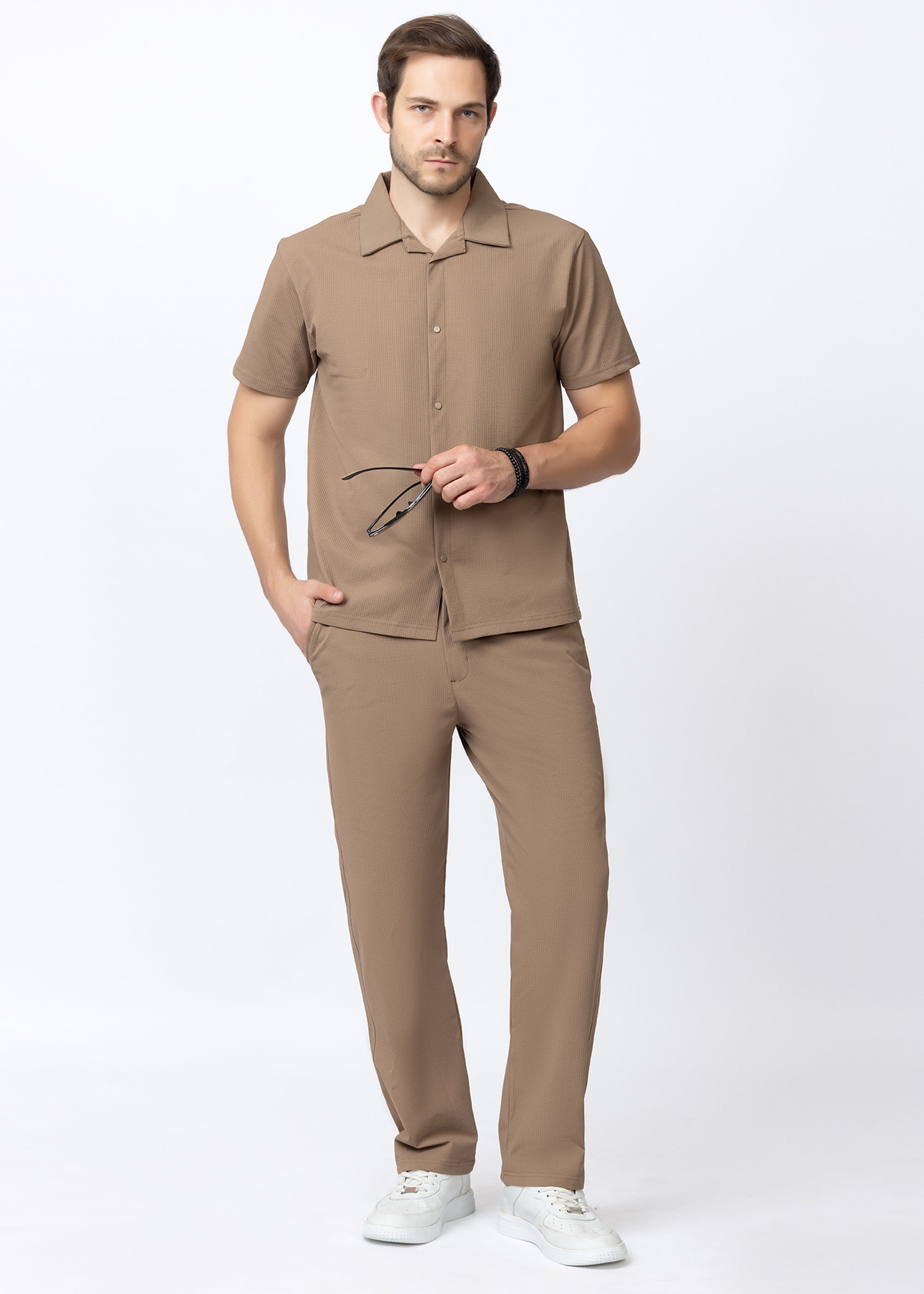 Beige Textured Cuban Collar Co-Ord Set