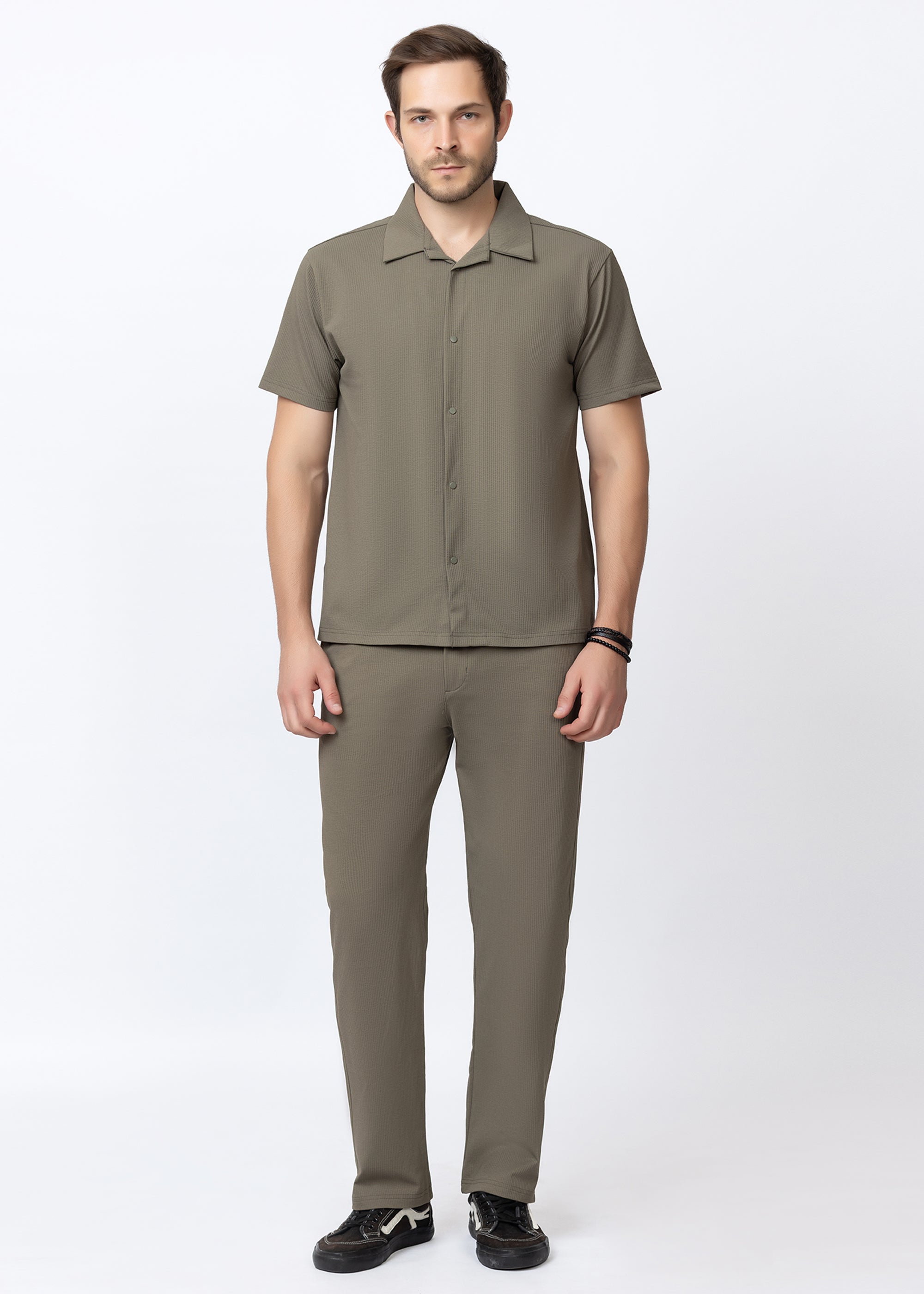 Olive Textured Cuban Collar Co-Ord Set