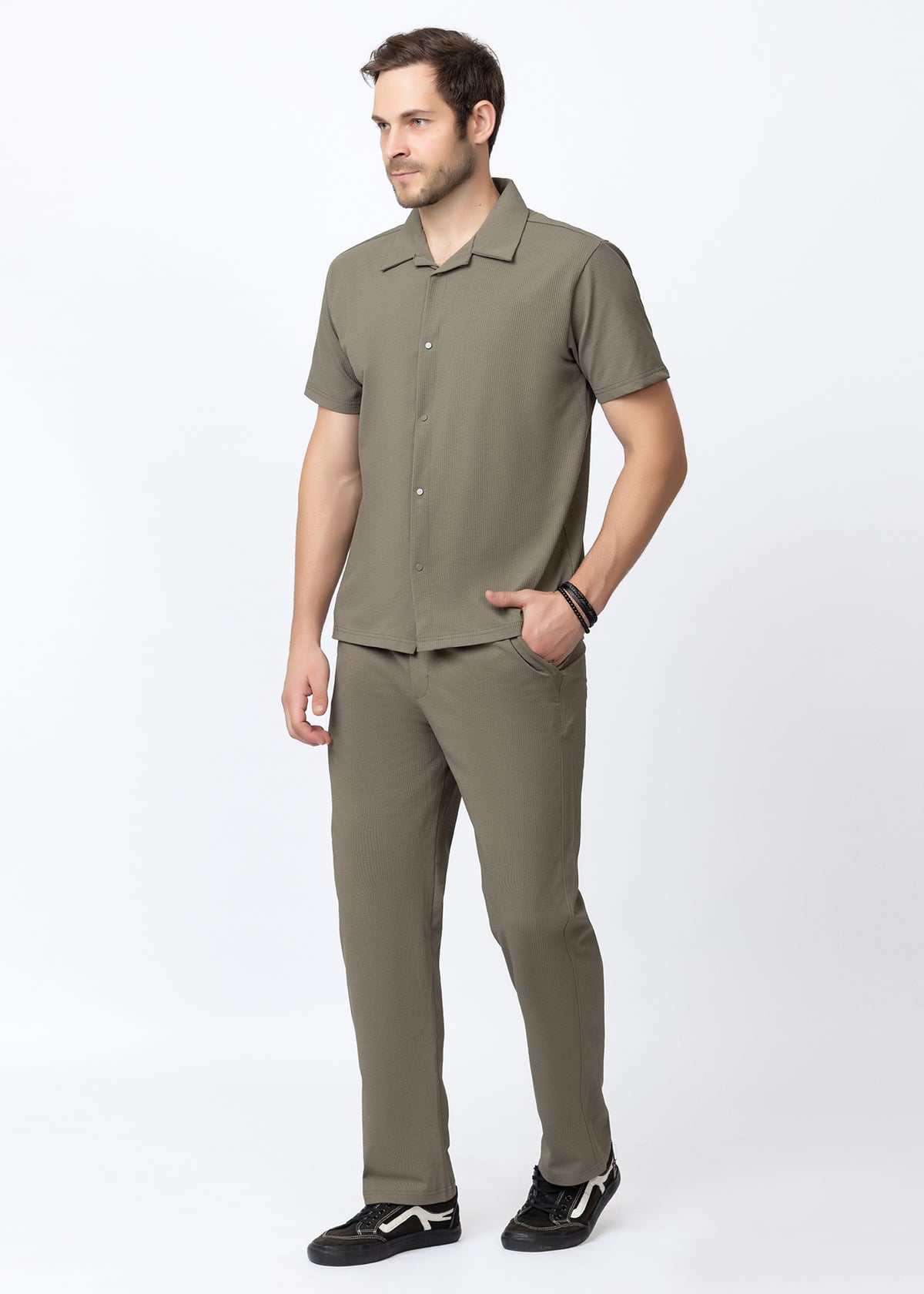 Olive Textured Cuban Collar Co-Ord Set