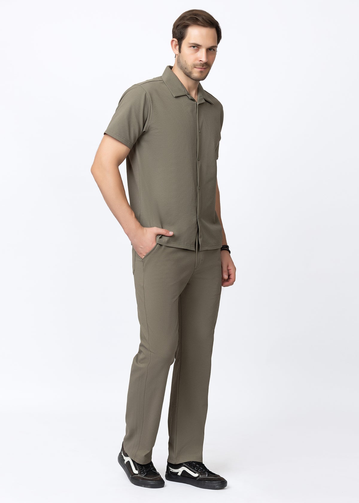 Olive Textured Cuban Collar Co-Ord Set