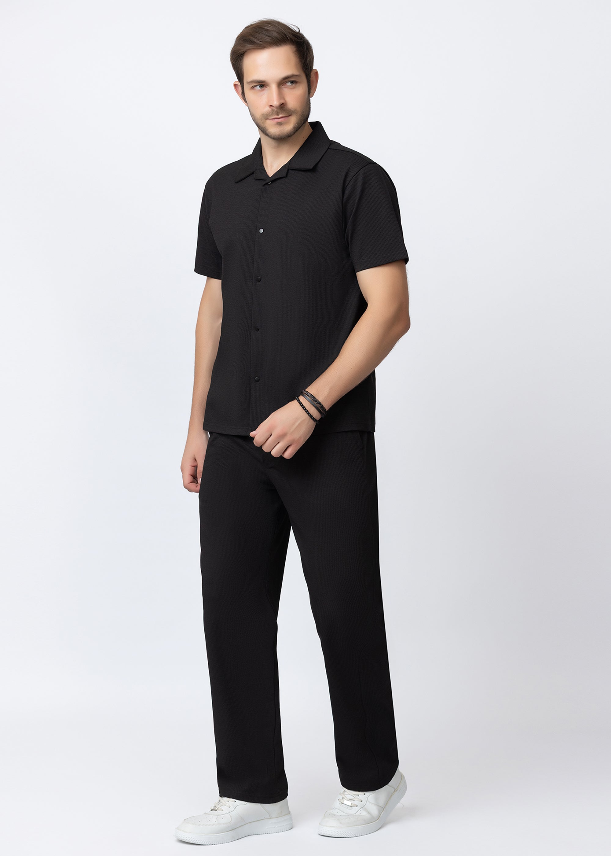 BLACK Textured Cuban Collar Co-Ord Set
