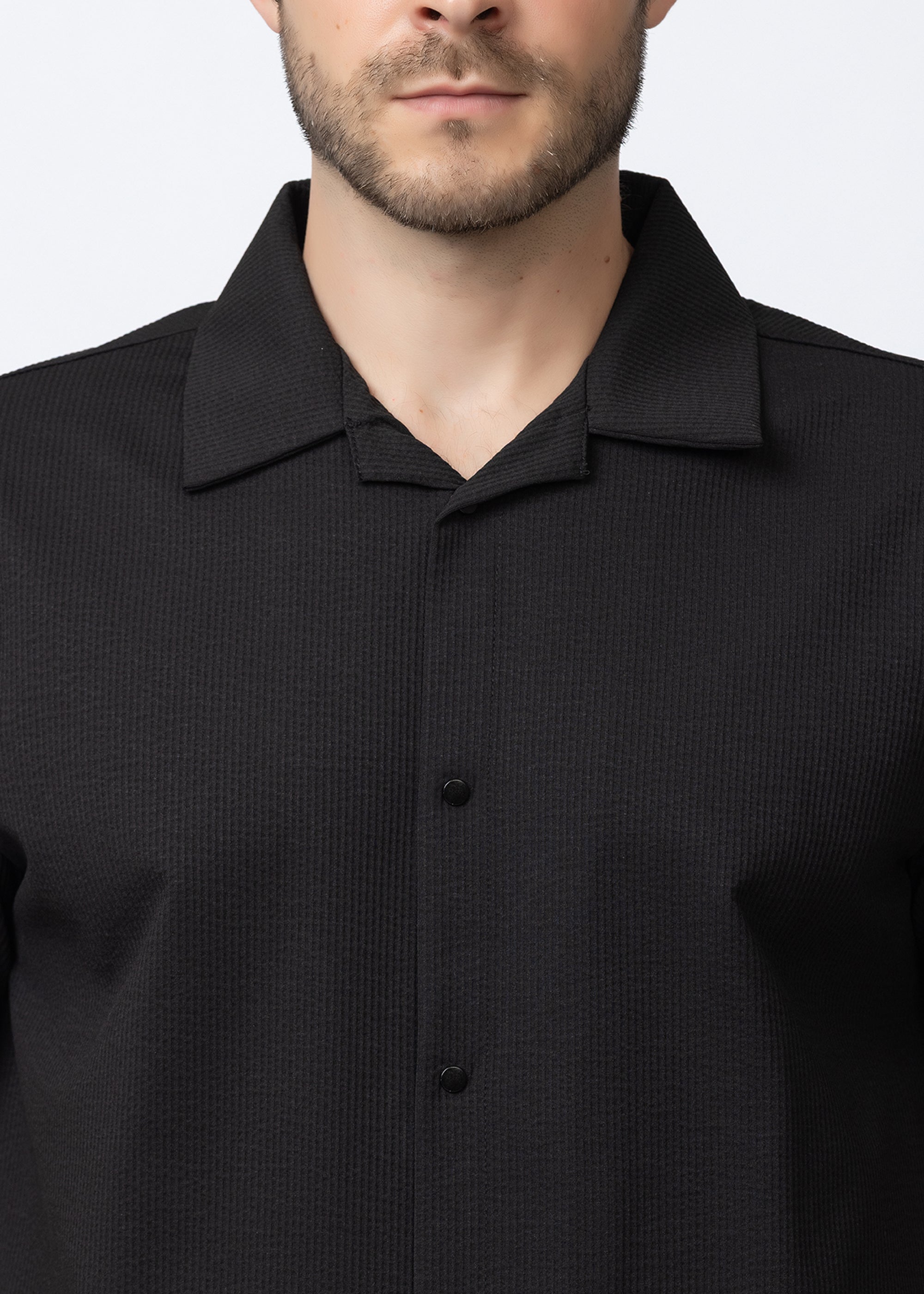 BLACK Textured Cuban Collar Co-Ord Set