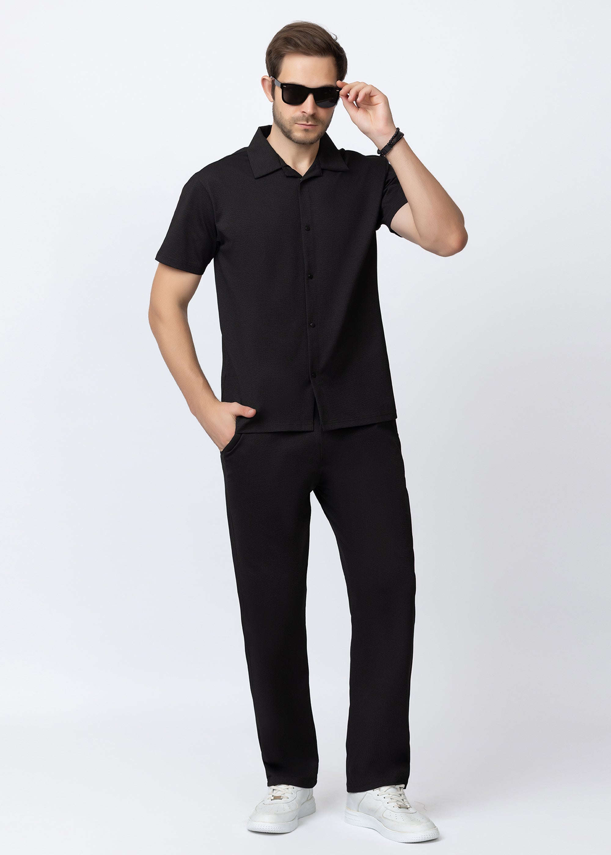 BLACK Textured Cuban Collar Co-Ord Set