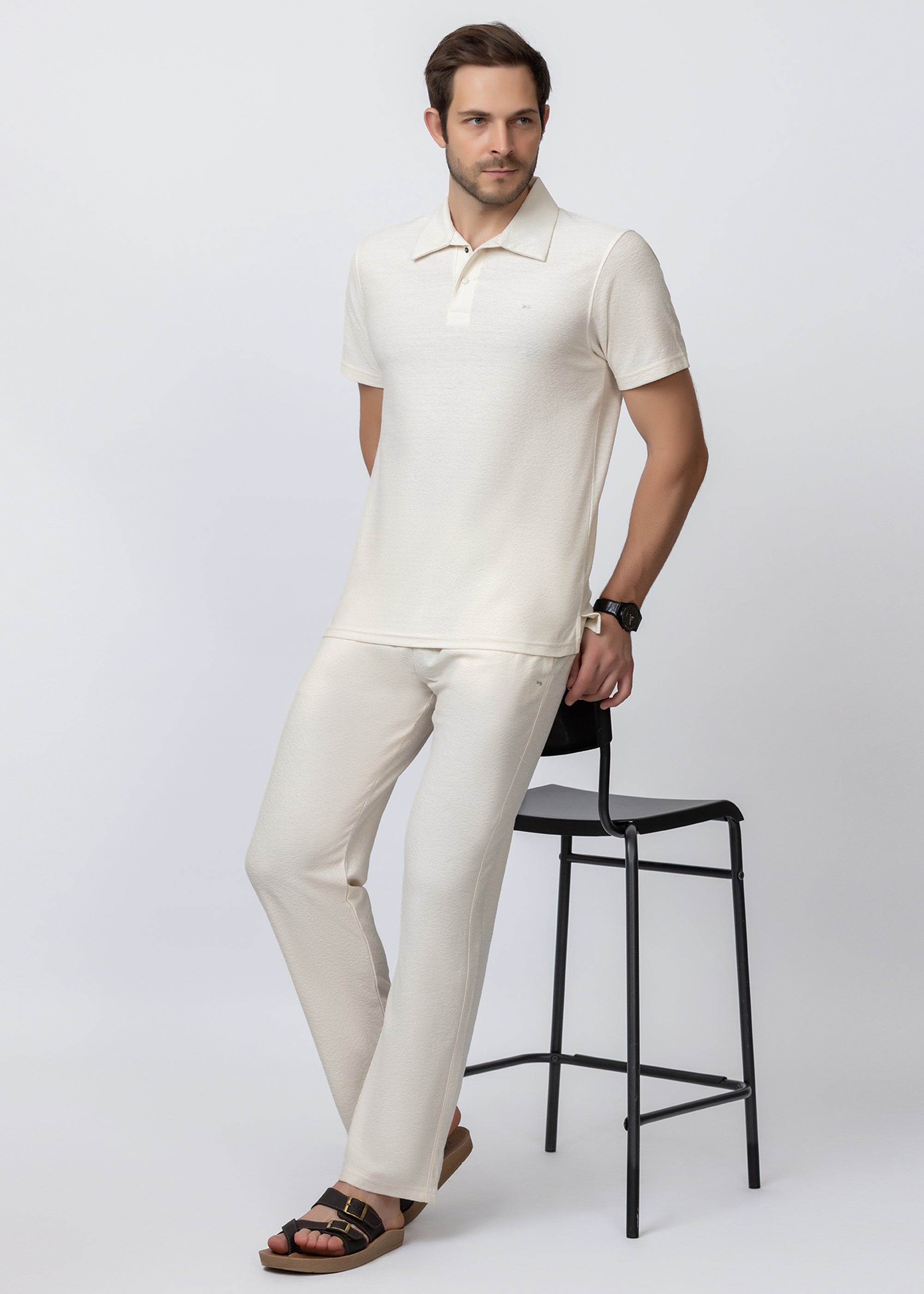 Off White Textured Polo Co-ord set