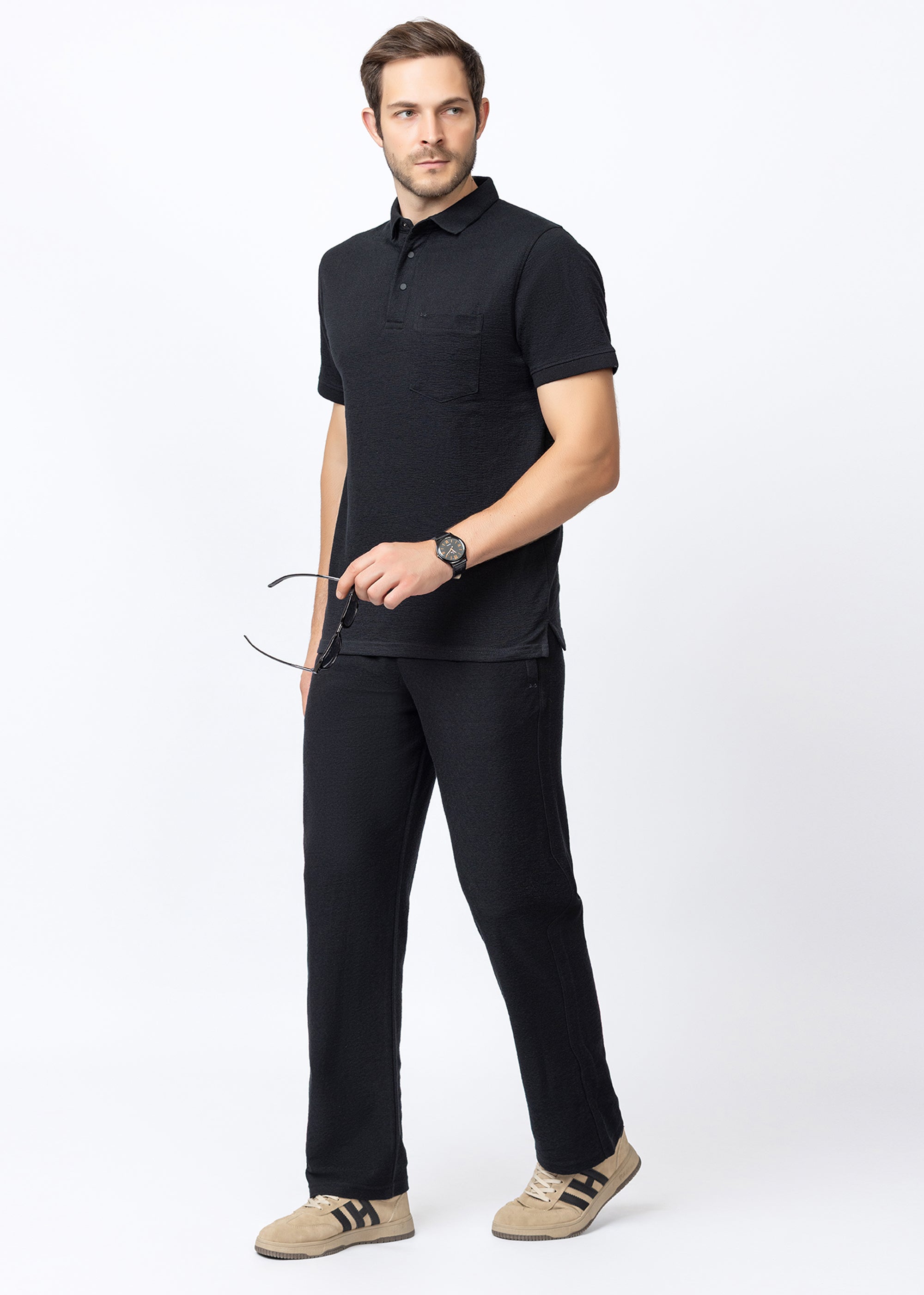 BLACK Textured Polo Co-ord Set