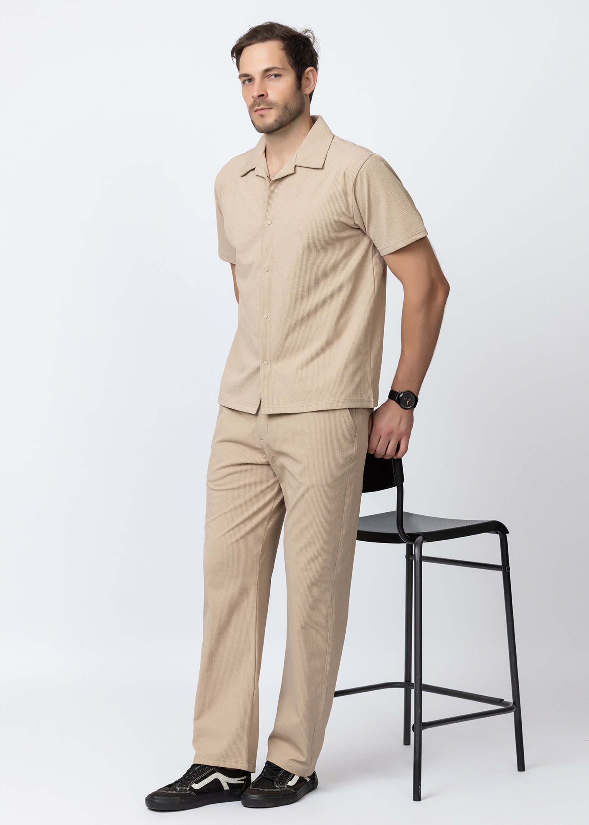 Fawn Textured Cuban Collar Co-Ord Set