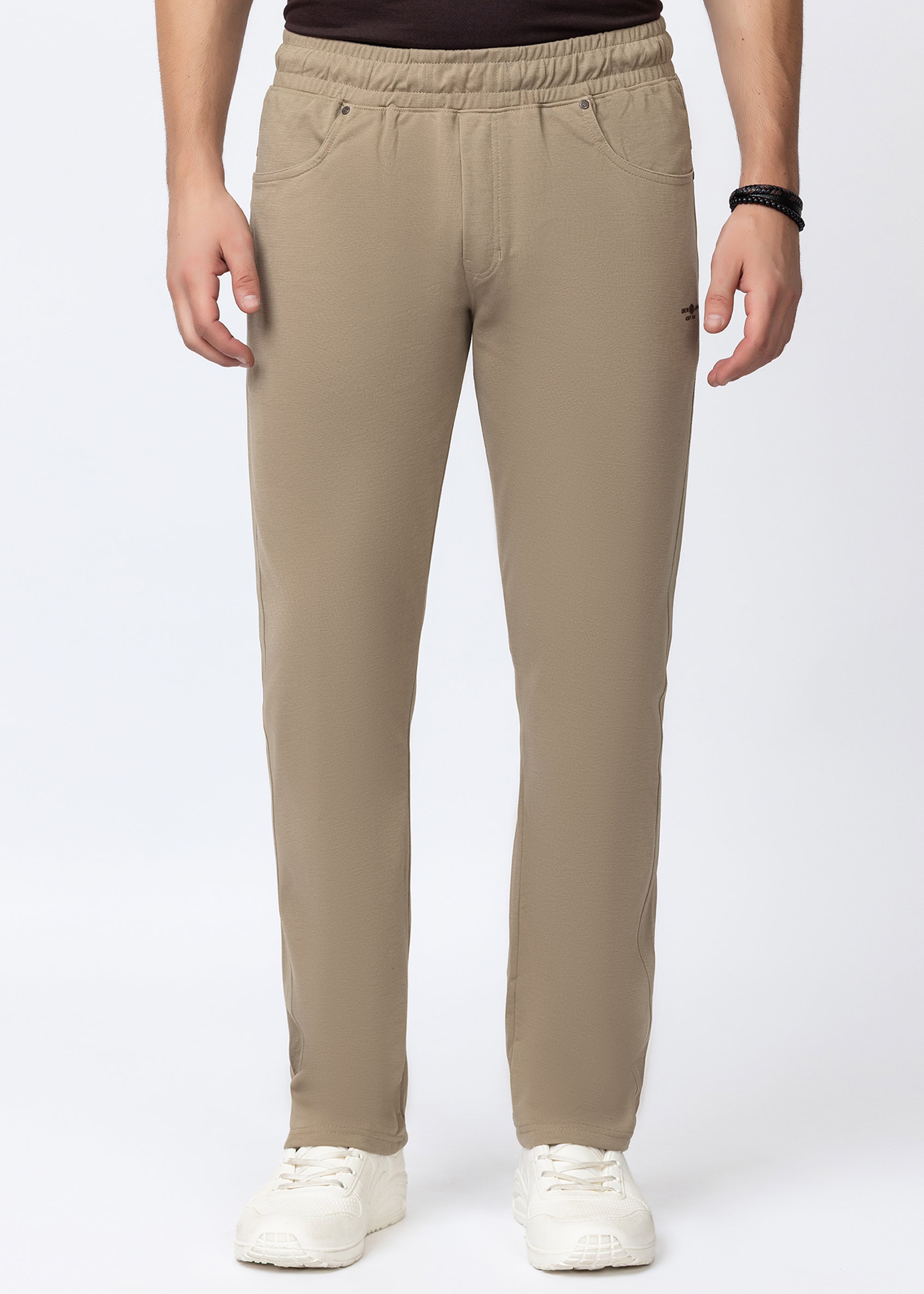 BEIGE COTTON BLENDED ATHLEISURE PANT