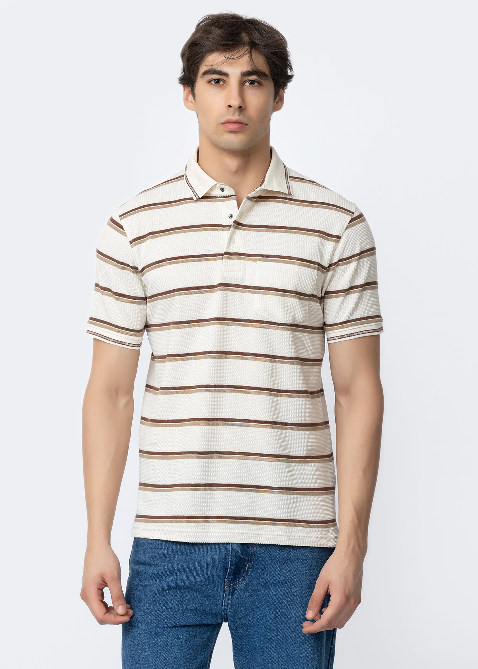 Brown Horizontal Stripe Textured Polo T-Shirt